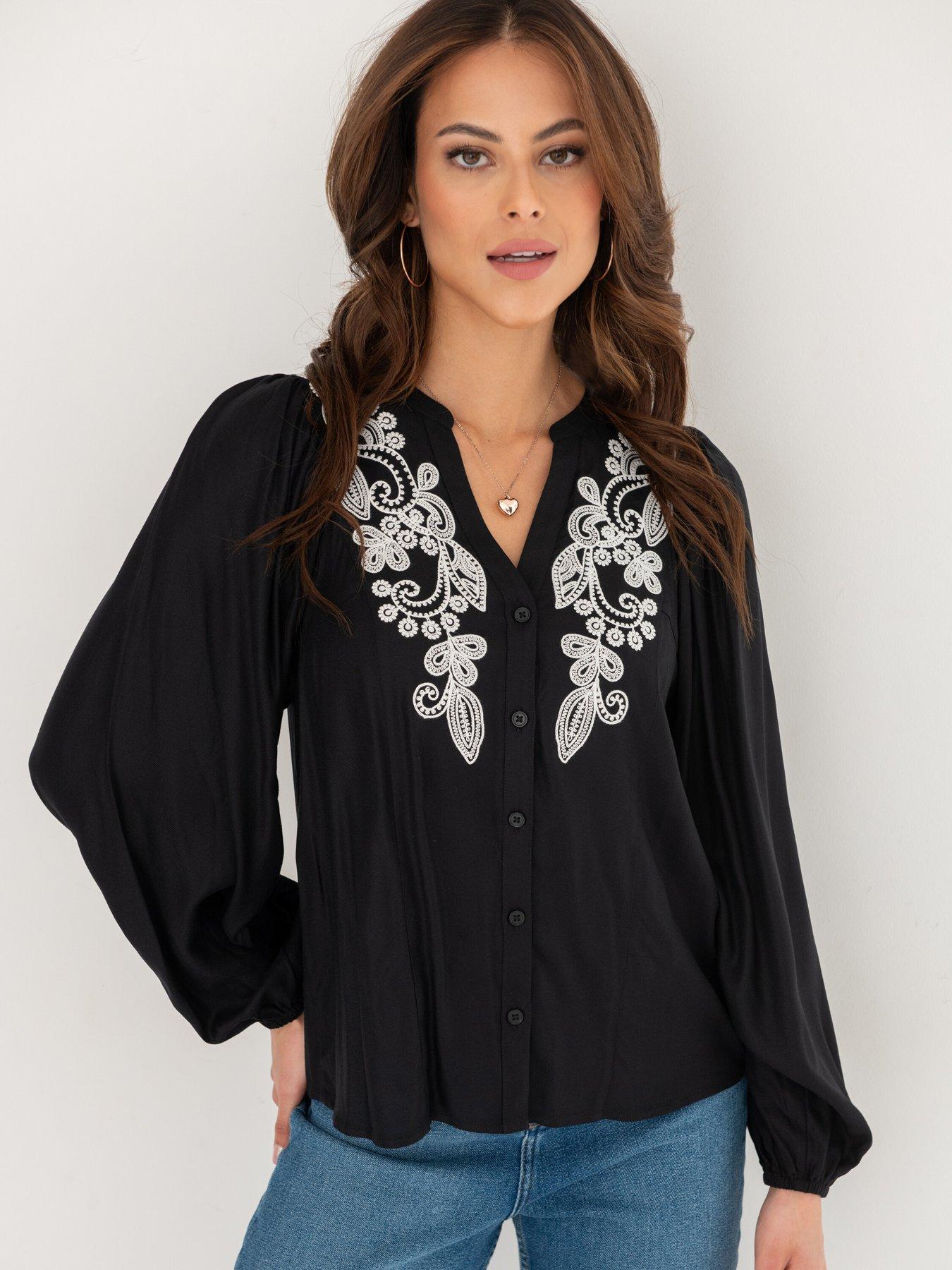Stacie Embroidered Woven Long Sleeve Blouse Black White
