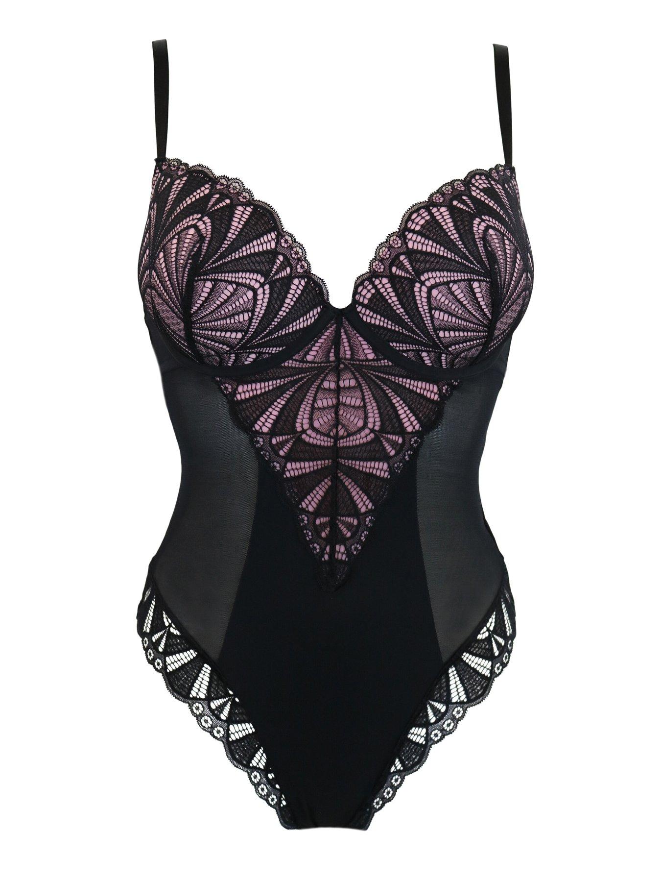 Image 4 of 4 of Pour Moi New Romance Padded Push-Up Bodysuit - Black/Multi