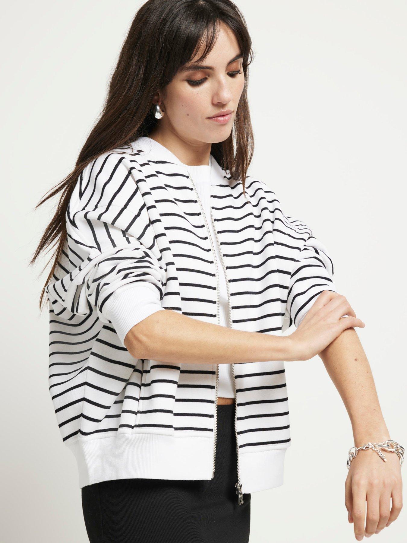 river island river islandstripe zip up bomber sweatshirt - black/white