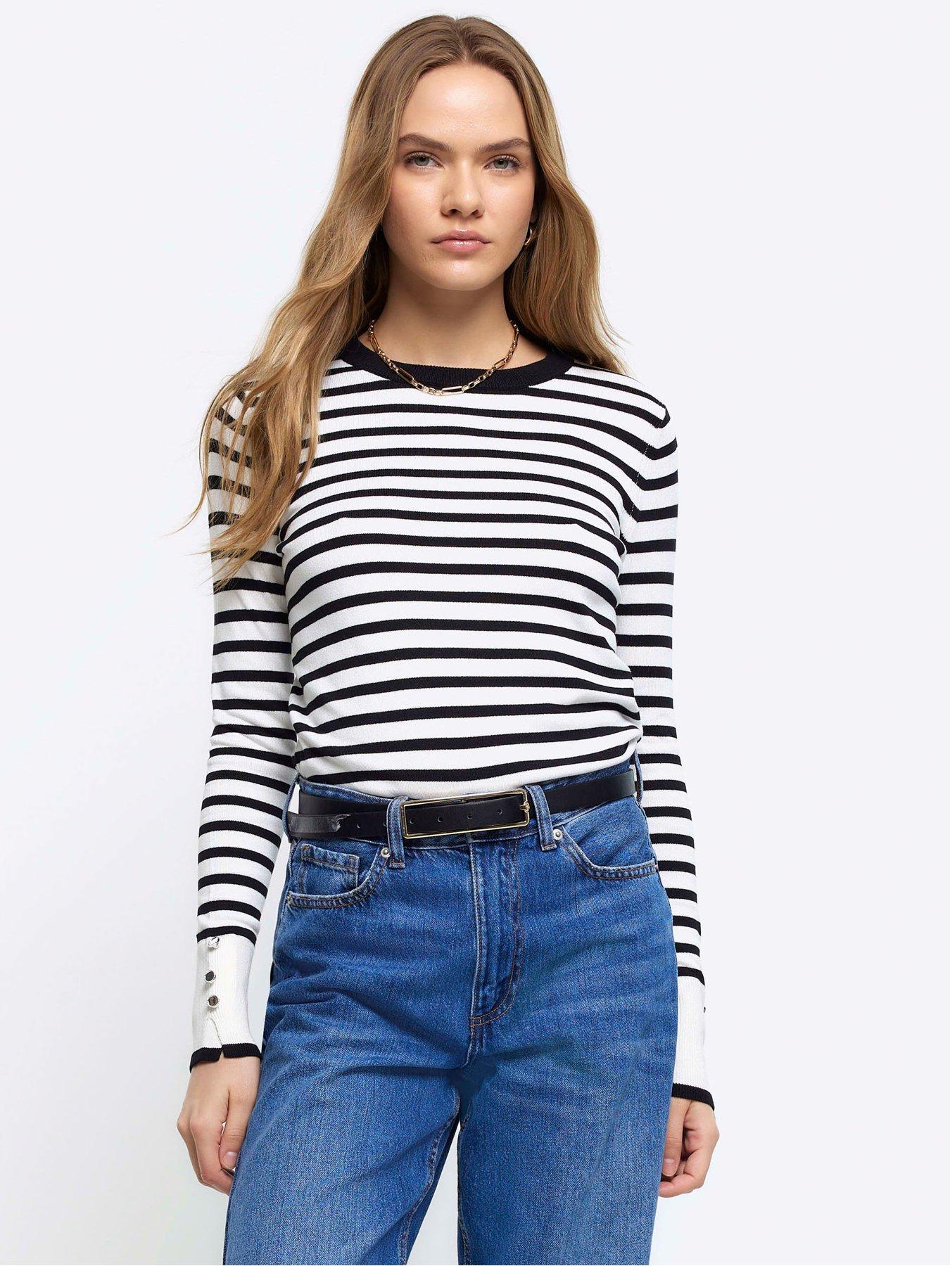 River Island Knit Stripe Long Sleeve Top - White | Very.co.uk