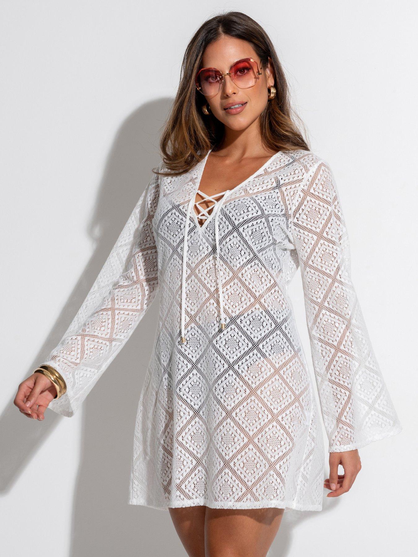 undefined Crochet Lace Long Sleeve Beach Cover Up