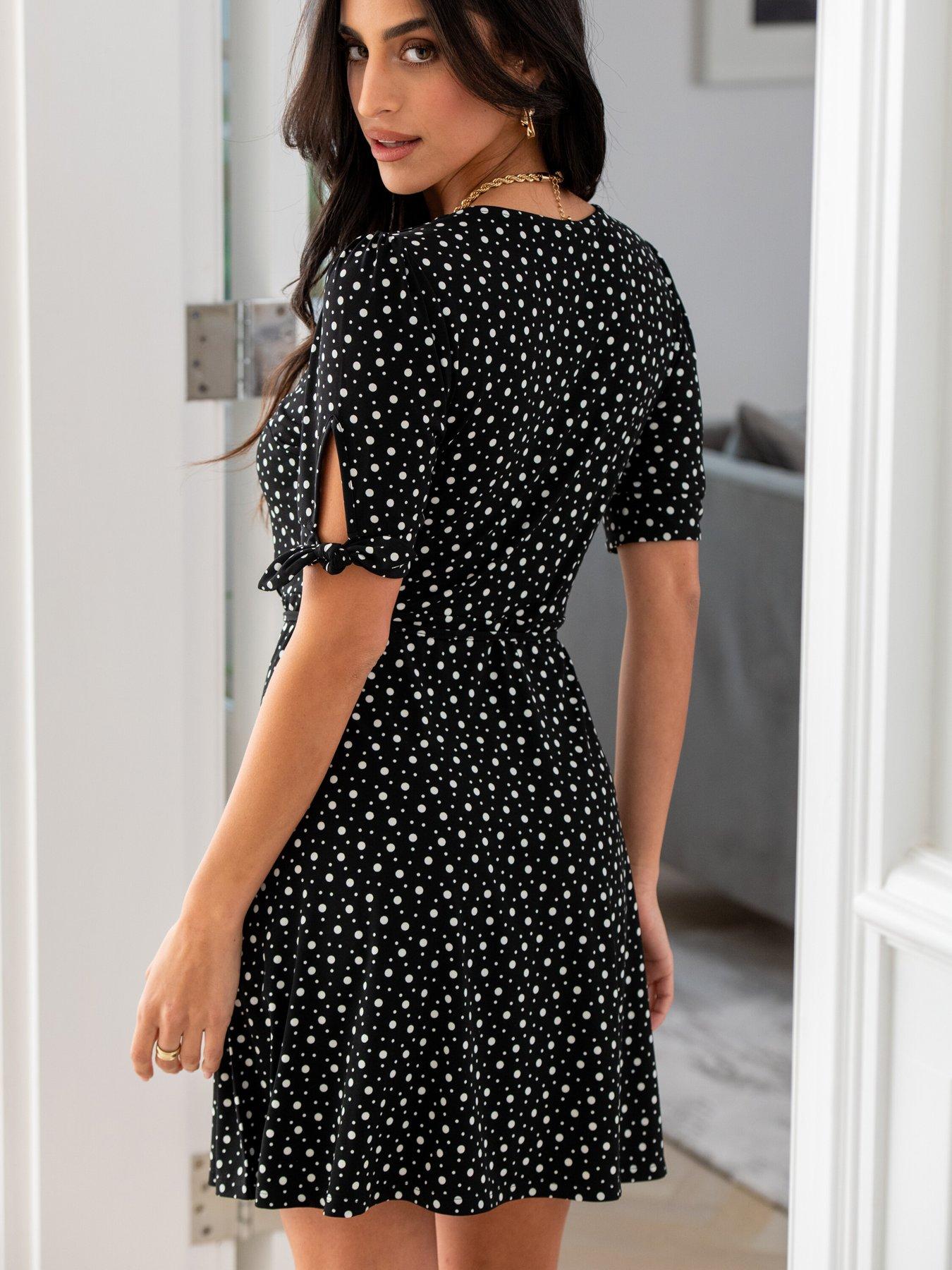 Black gingham tie waist tea dress store