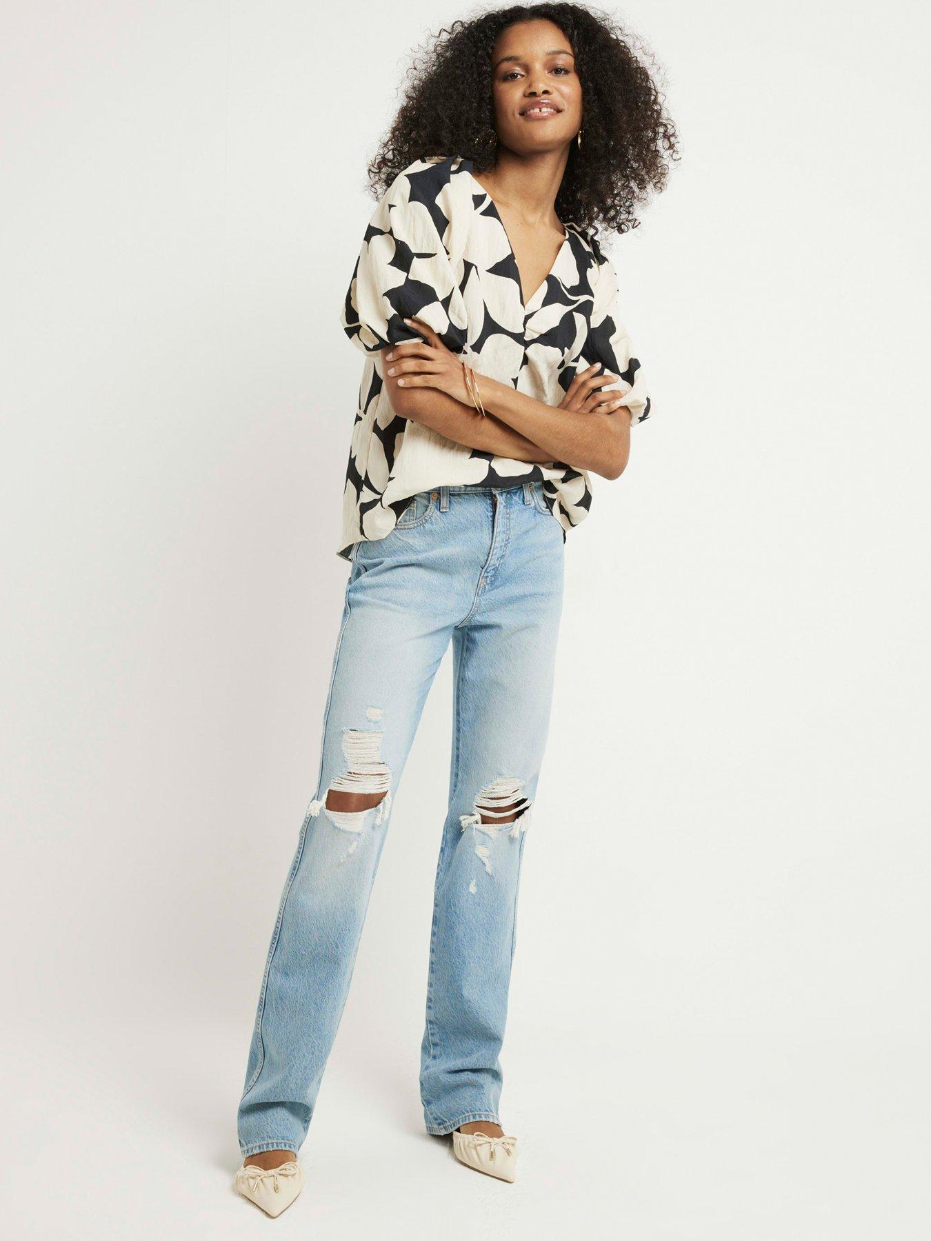 River Island High Waisted Ripped Straight Jeans - Blue | Very.co.uk