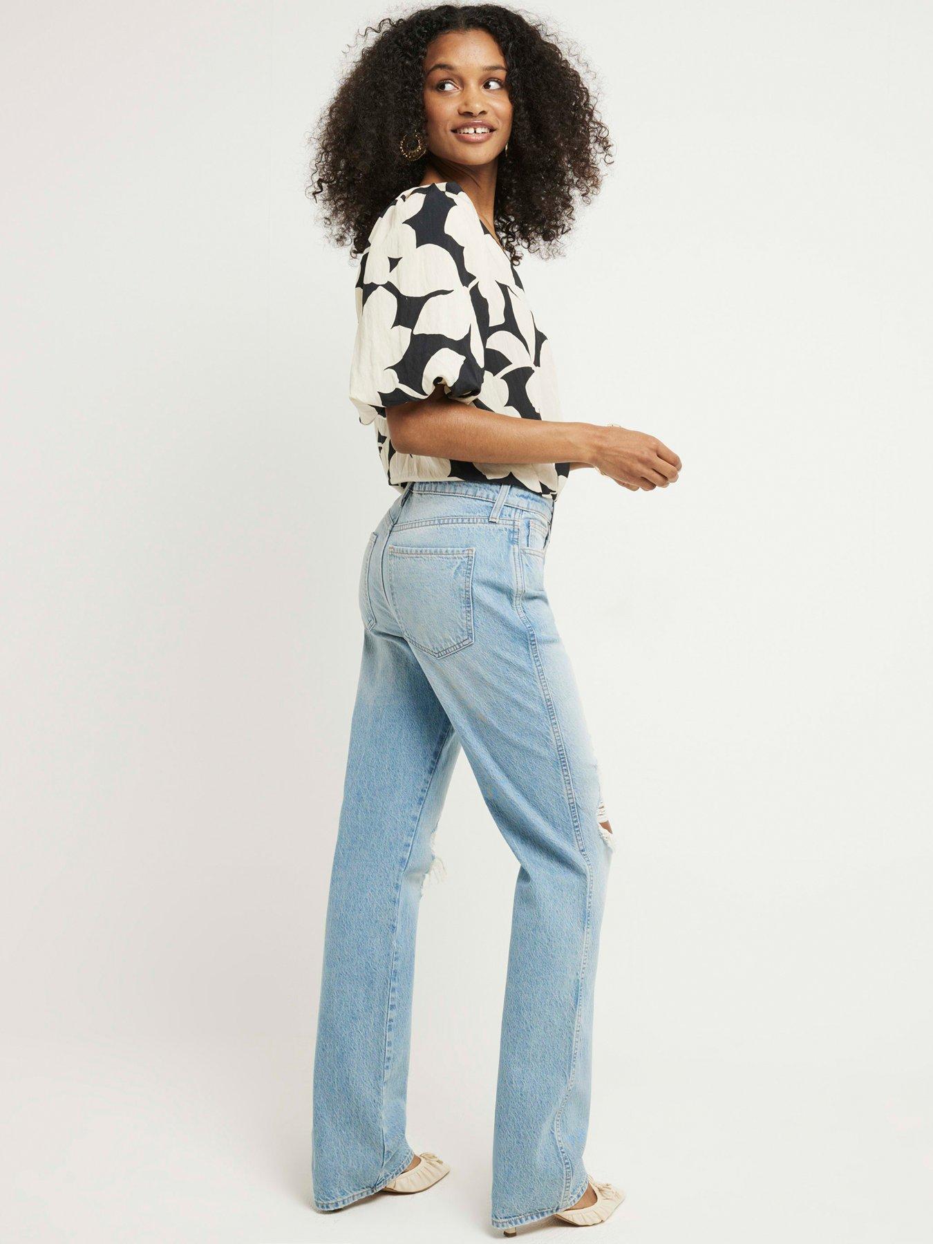 River Island High Waisted Ripped Straight Jeans - Blue | Very.co.uk