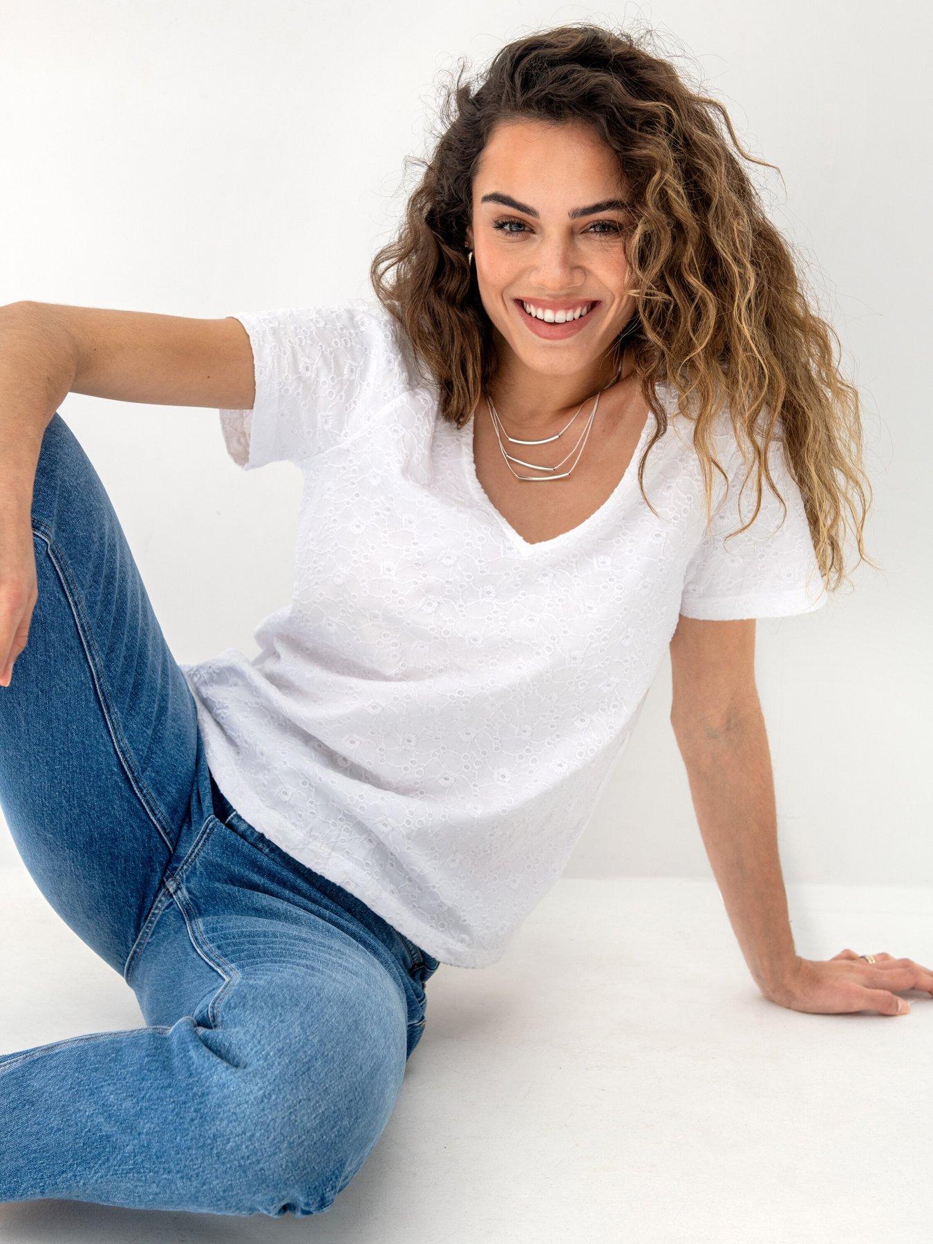 undefined Niamh Broderie Cotton Jersey V-Neck T-Shirt
