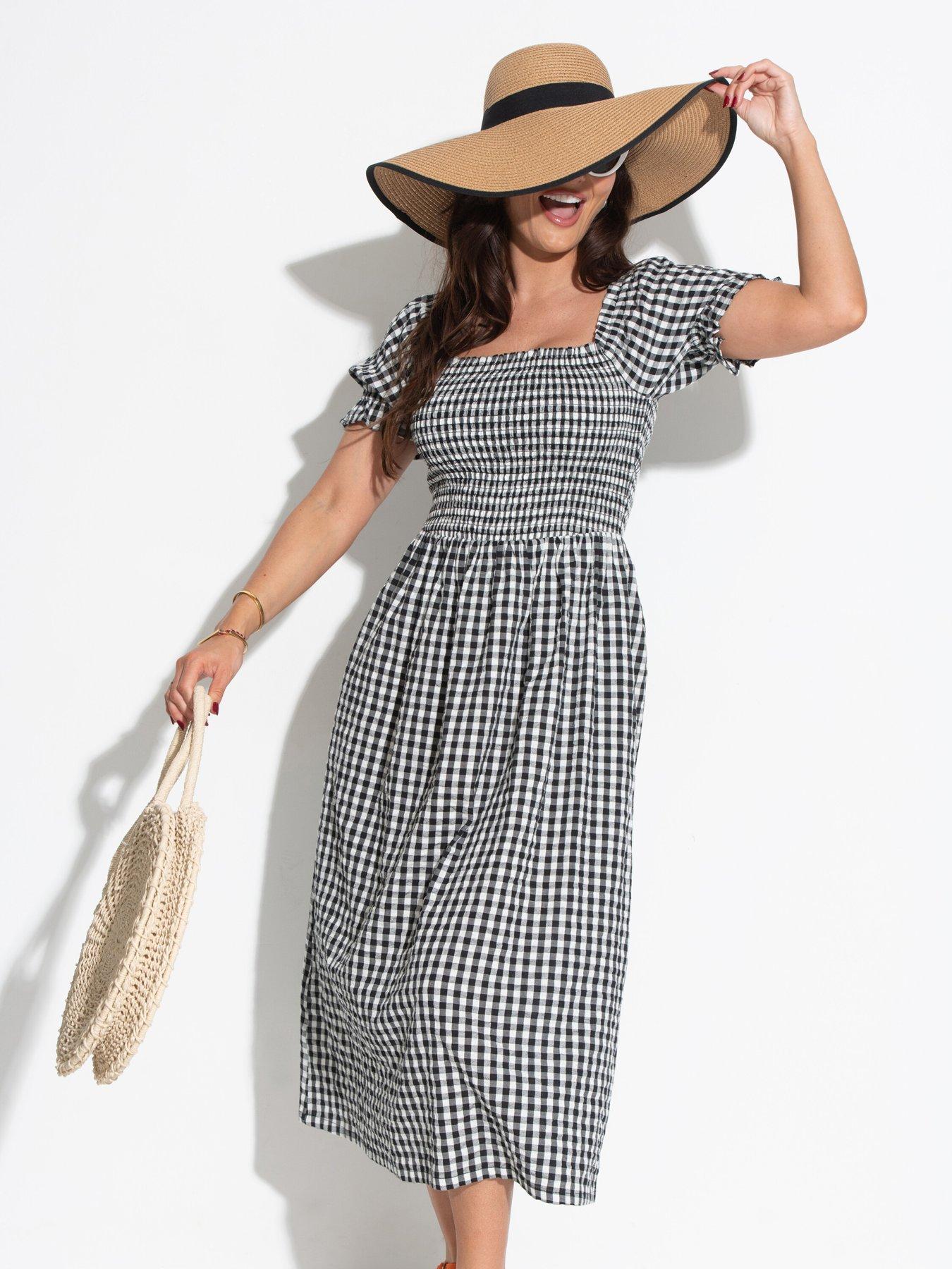 undefined Daisy Shirred Bodice Gingham Short Sleeve Woven Midi Dress
