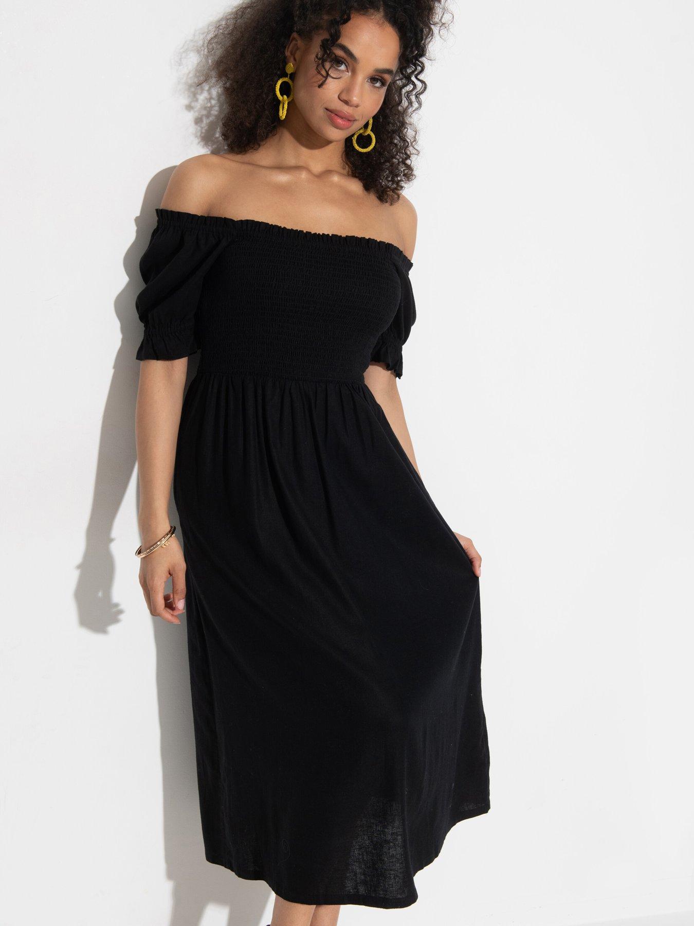 undefined Daisy Shirred Bodice Short Sleeve Linen Blend Midi Dress