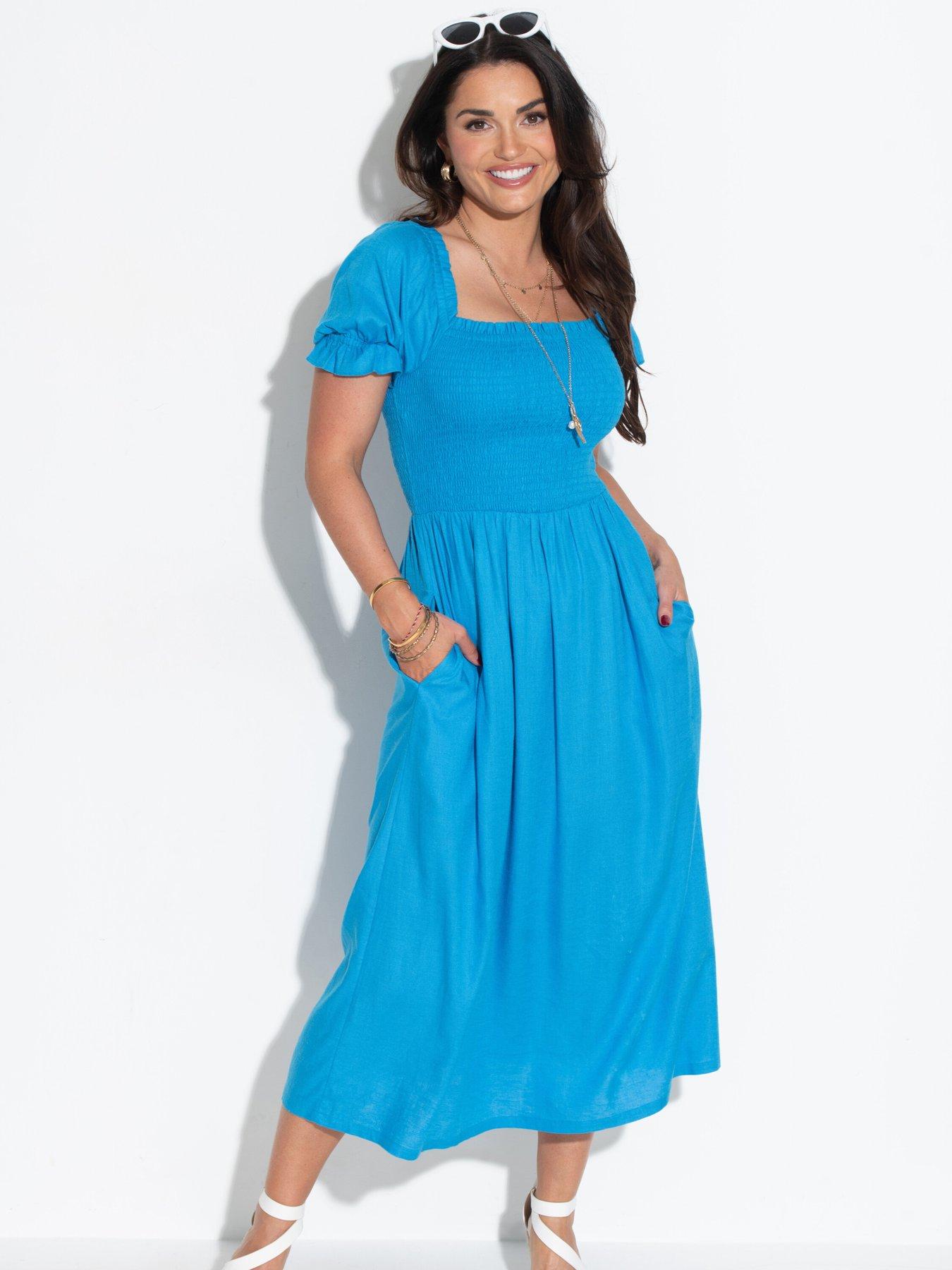 undefined Daisy Shirred Bodice Short Sleeve Linen Blend Midi Dress