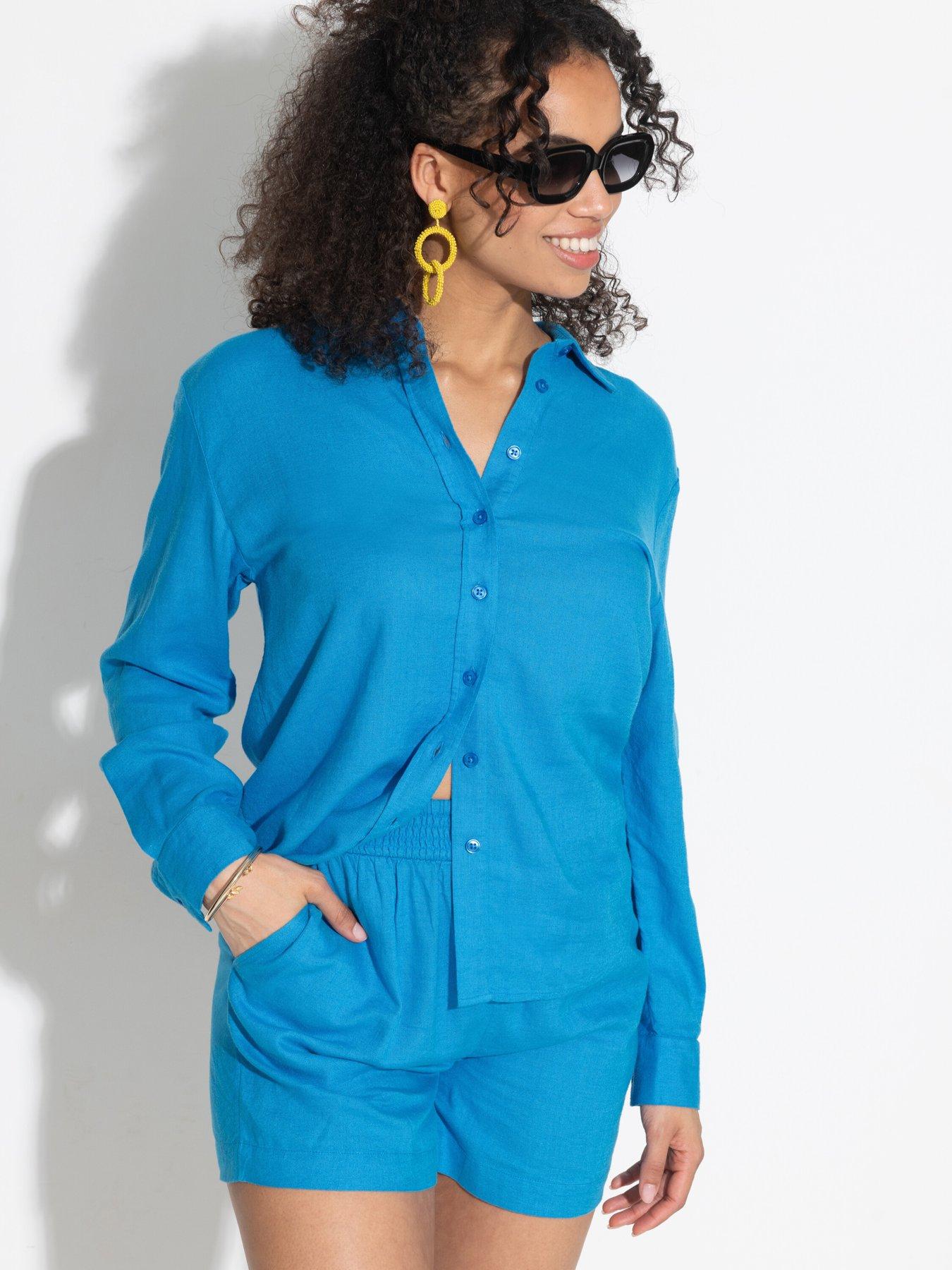 Image 2 of 4 of Pour Moi Bree High Waist Linen Blend Elasticated Short - Blue