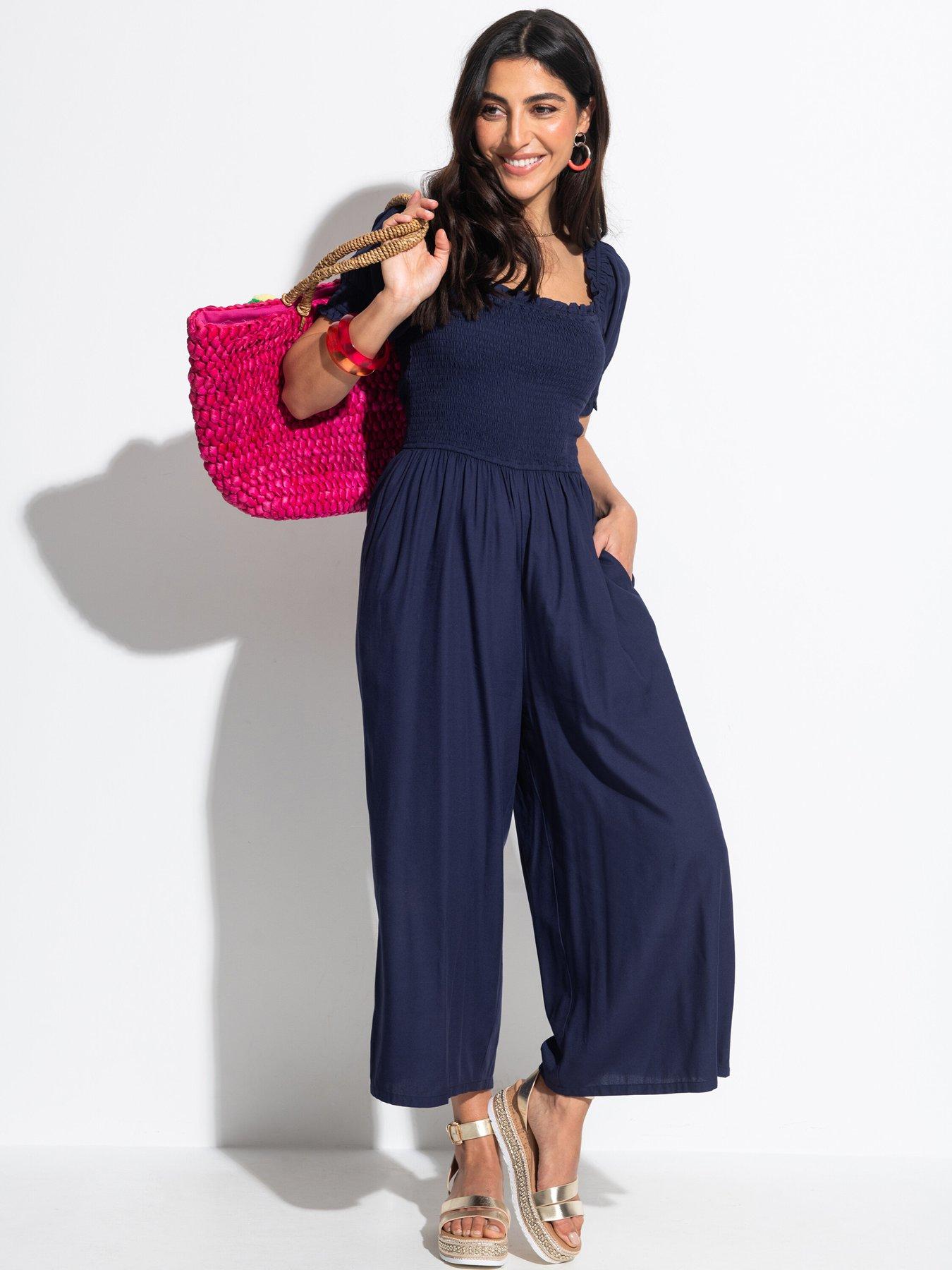 undefined Sally Shirred Bodice Woven Puff Sleeve Jumpsuit with LENZING™ ECOVERO™ Viscose Fibres - Dark Blue