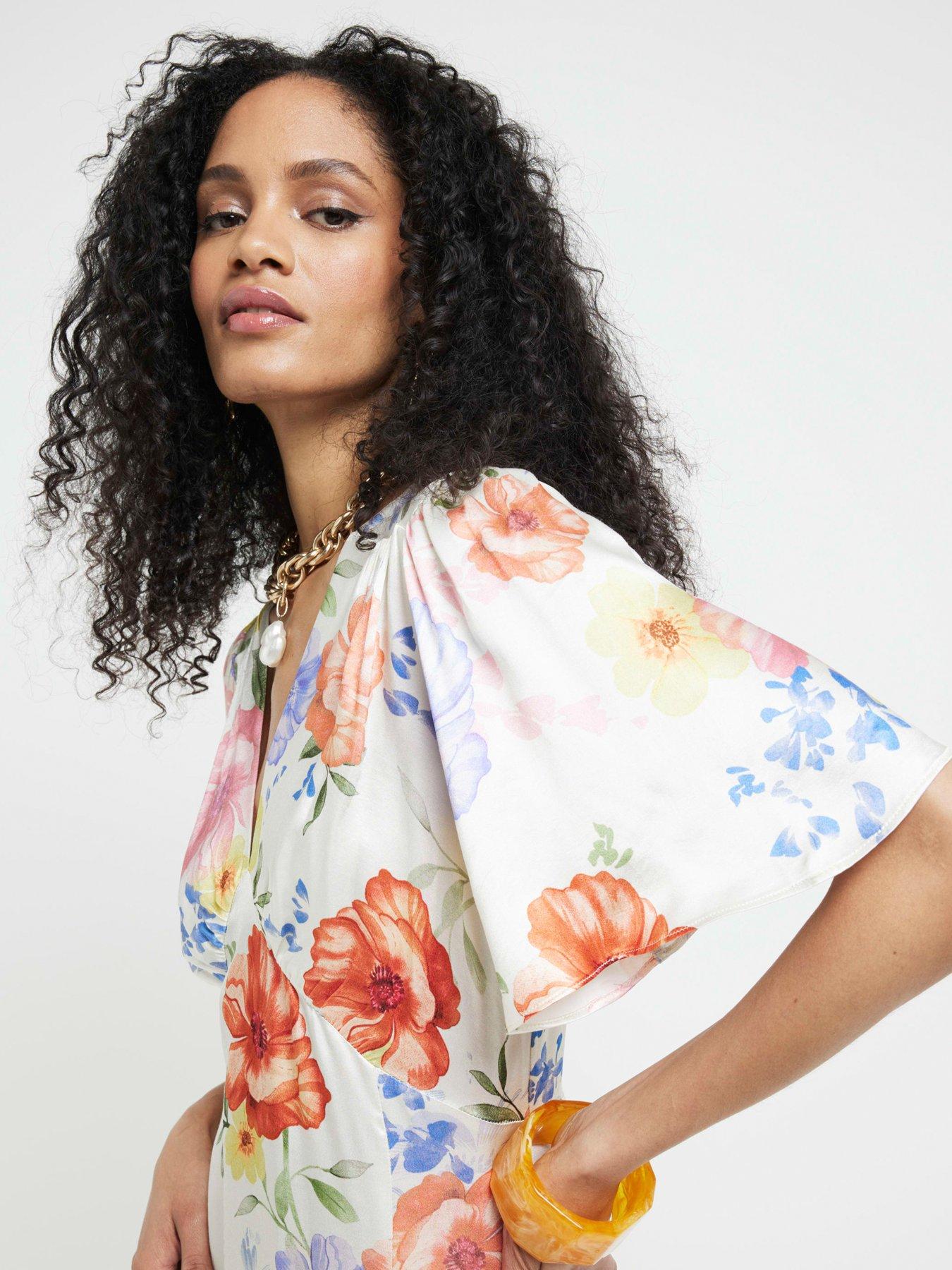 River Island Satin Floral Swing Midi Dress | Very.co.uk