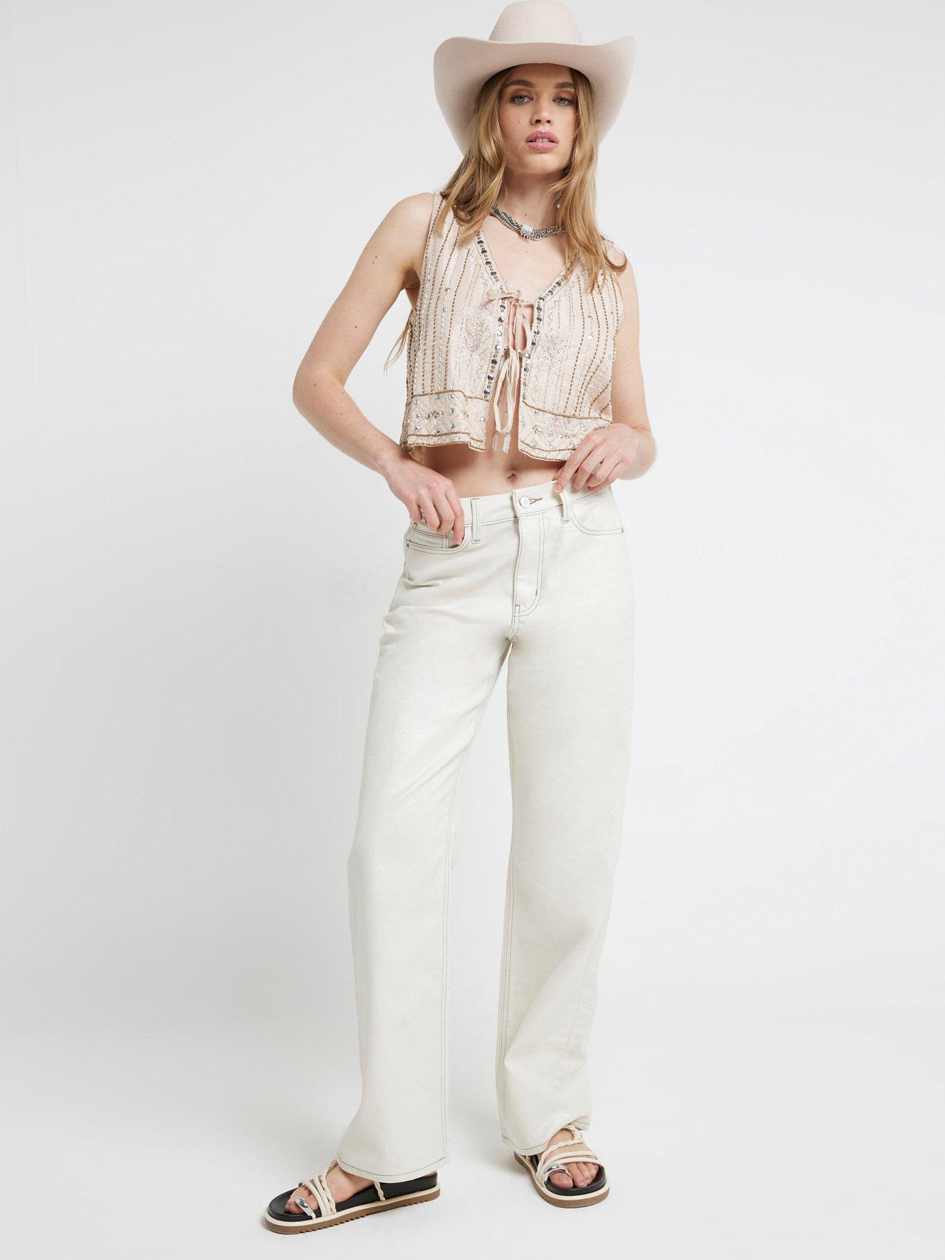 River Island Glitter Relaxed Straight Jeans - Silver, Silver, Size 6, Inside Leg Regular, Women