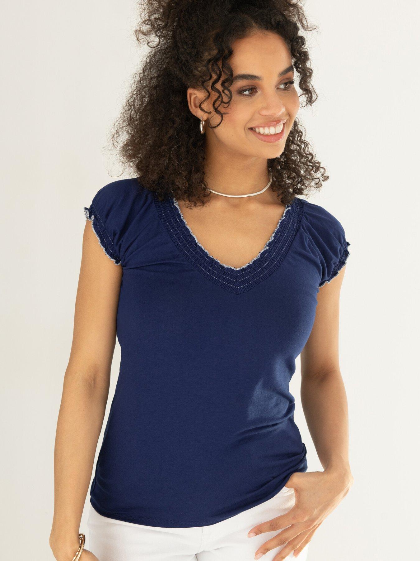 undefined Payton Contrast Stitch Cap Sleeve Stretch Jersey Top - Dark Blue