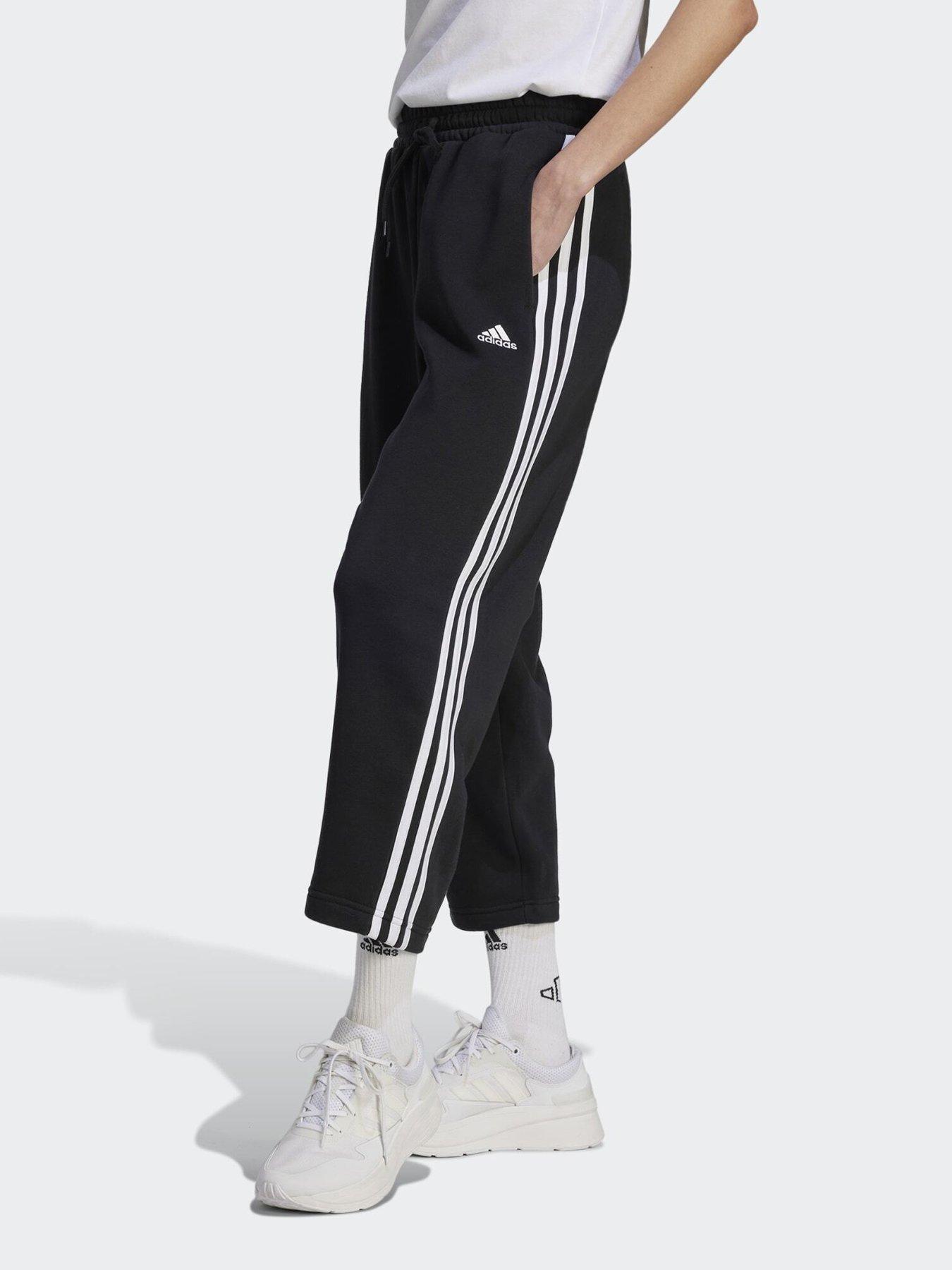 adidas Essentials 3-Stripes Open Hem Fleece Pants - Black | Very.co.uk