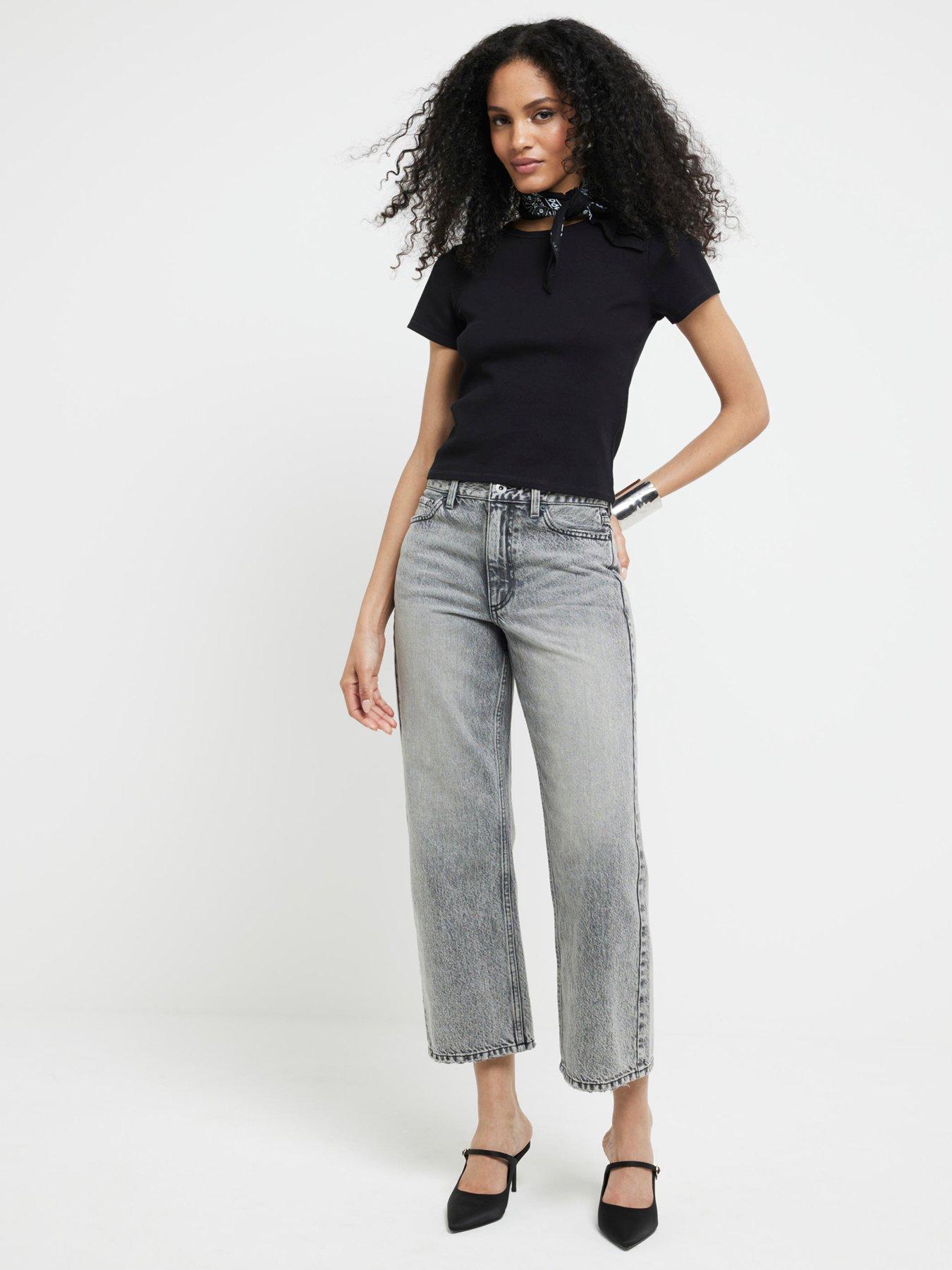 River Island Relaxed Straight Fit Cropped Jeans - Grey | Very.co.uk