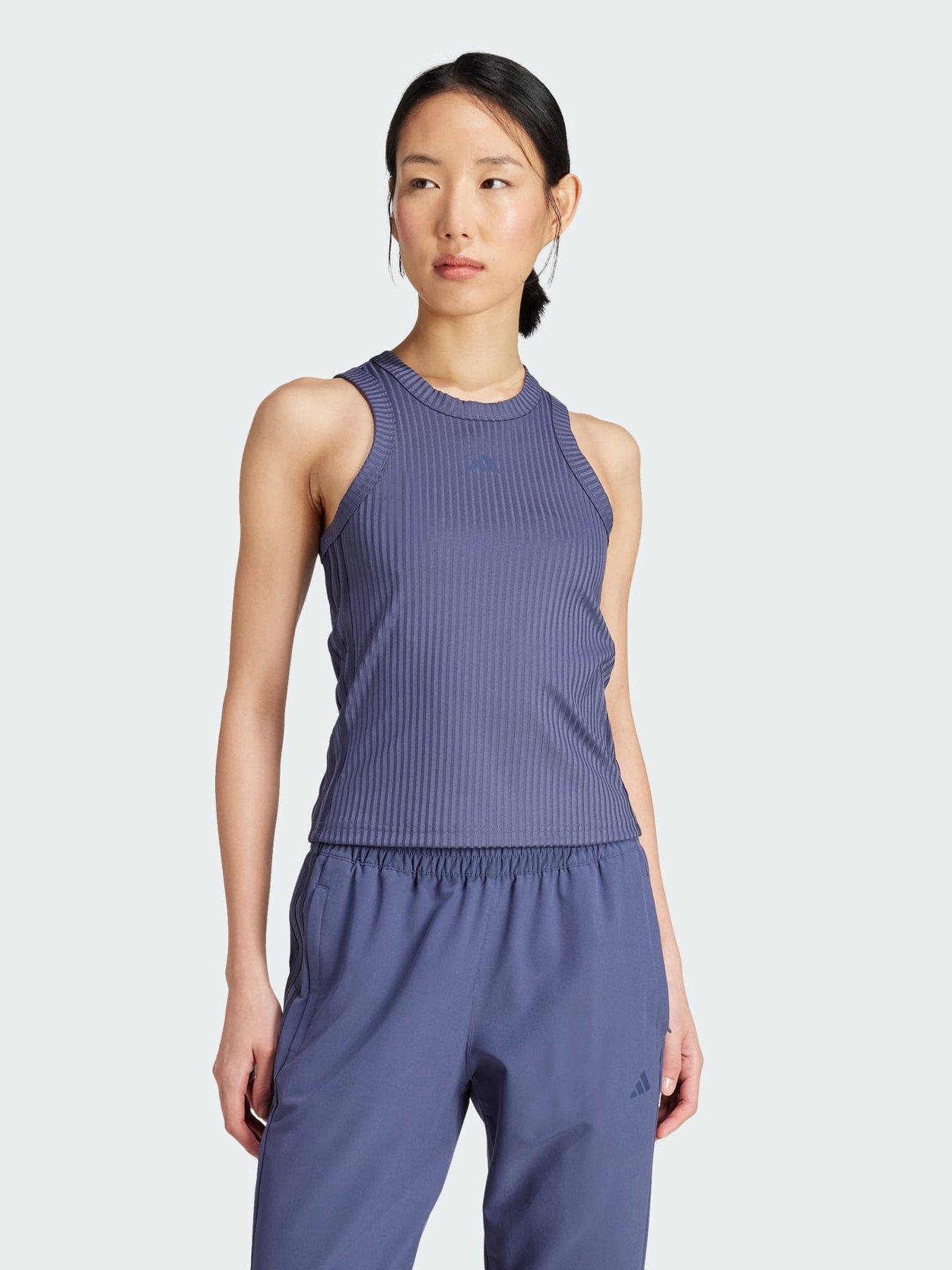 adidas All Gym Seasonal Rib Tight Fit Tonal 3-Stripes Tank Top - Blue, Blue, Size L, Women