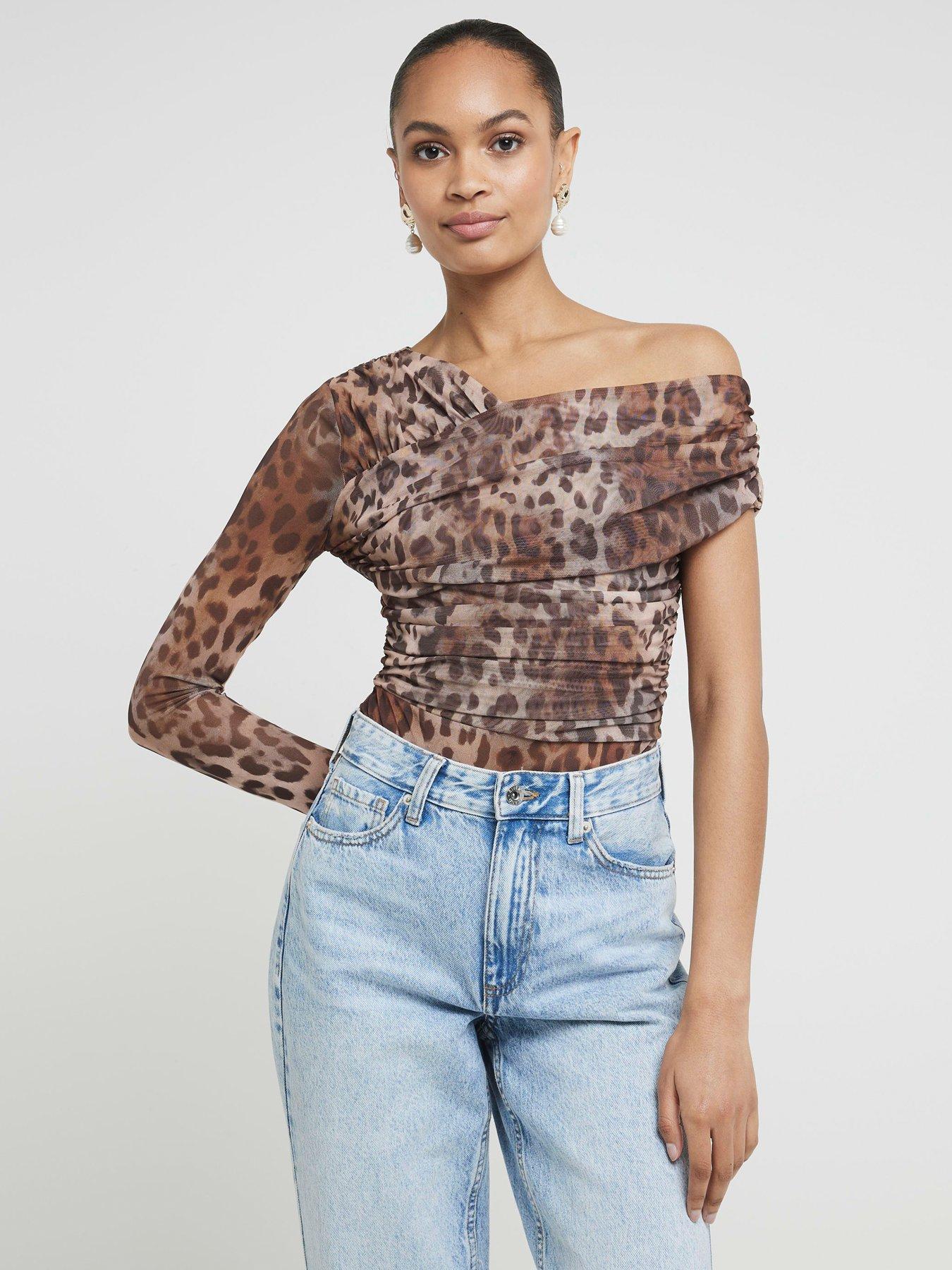 River Island Mesh Leopard Print Asymmetric Bodysuit