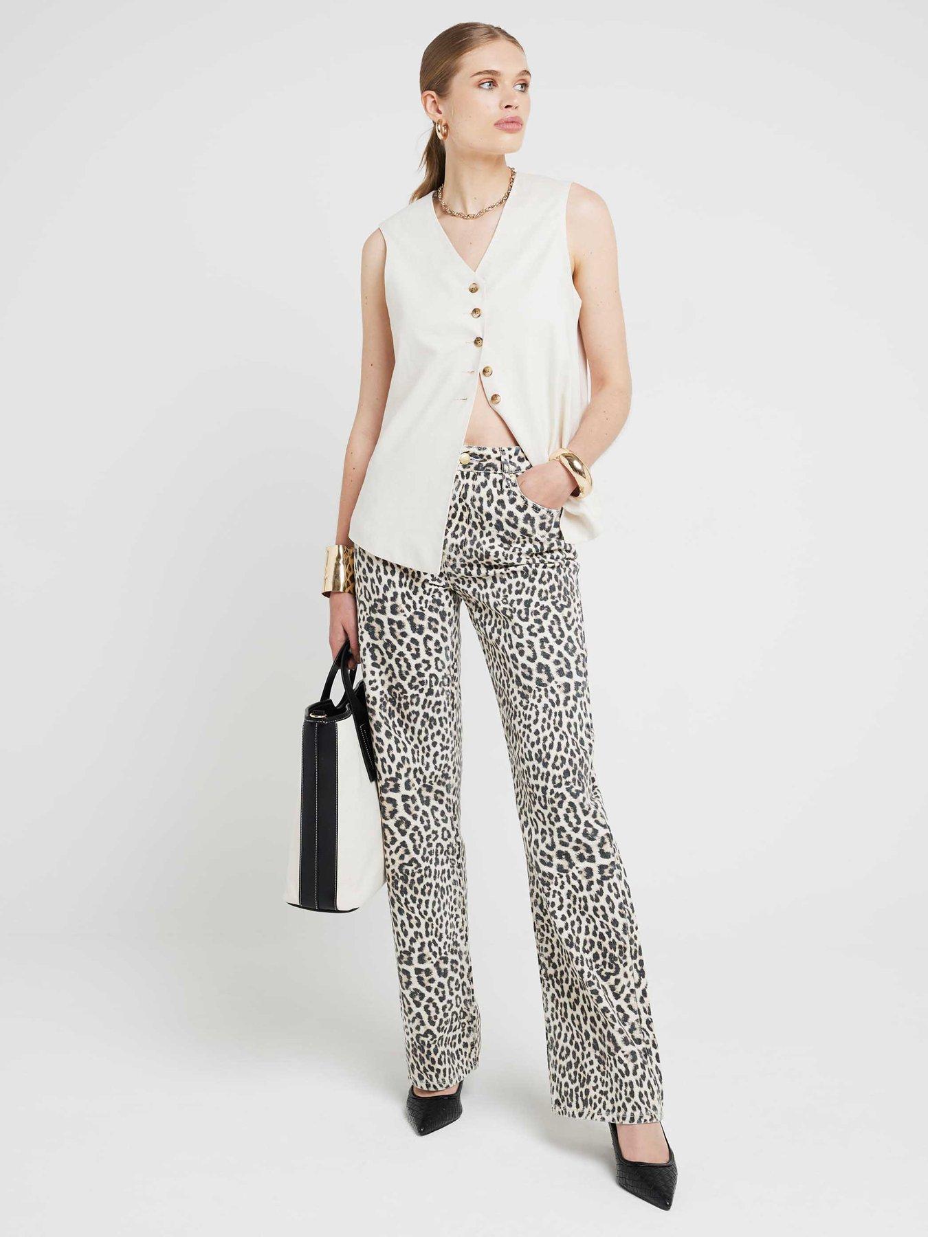 River Island Leopard Print Relaxed Straight Jeans, Brown, Size 8, Inside Leg Regular, Women