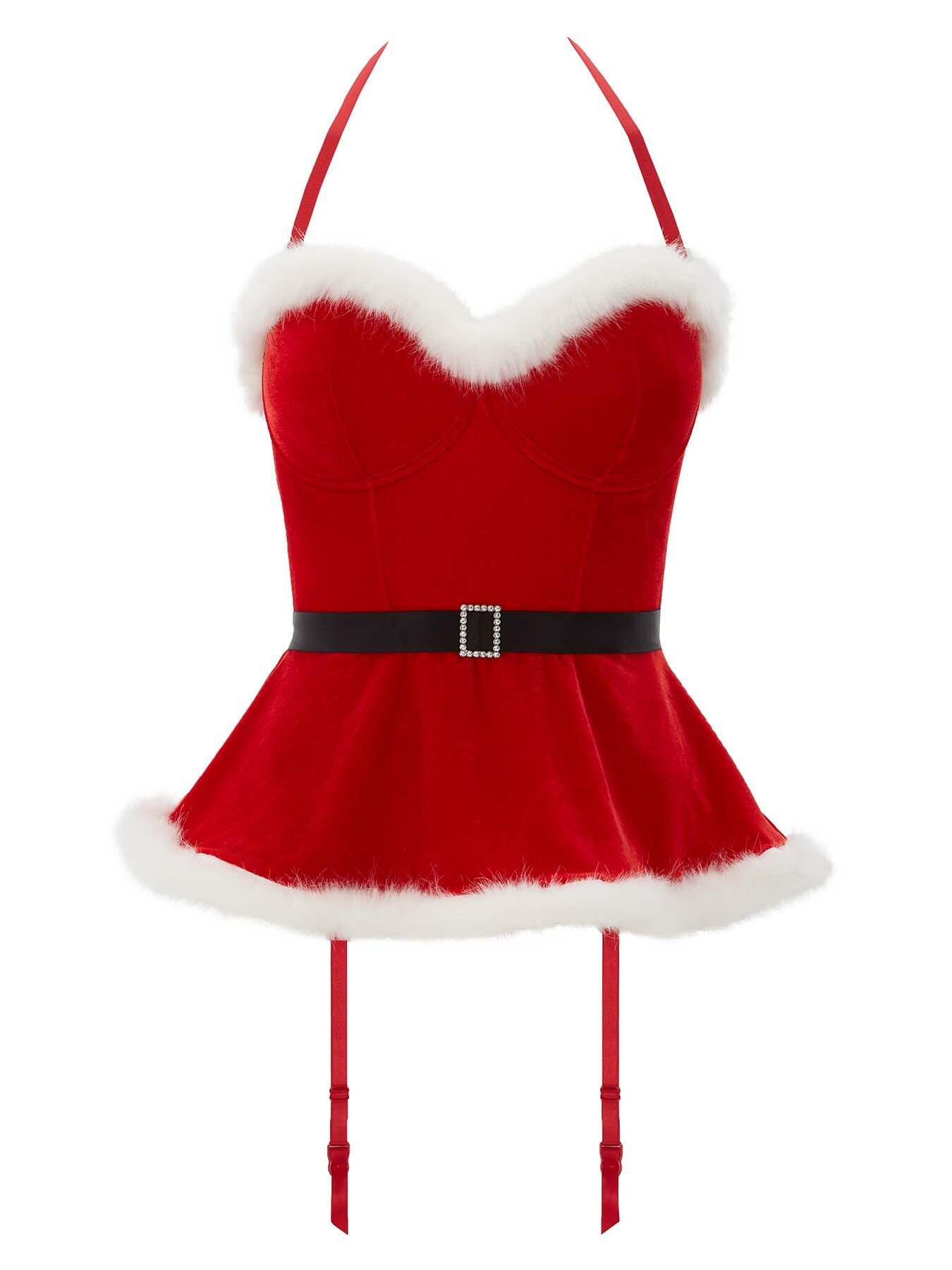 white christmas dresses Mrs.Claus Dress Women's Velvet Off-Shoulder Long Sleeve Mini Christmas Dress Red&White main image 1