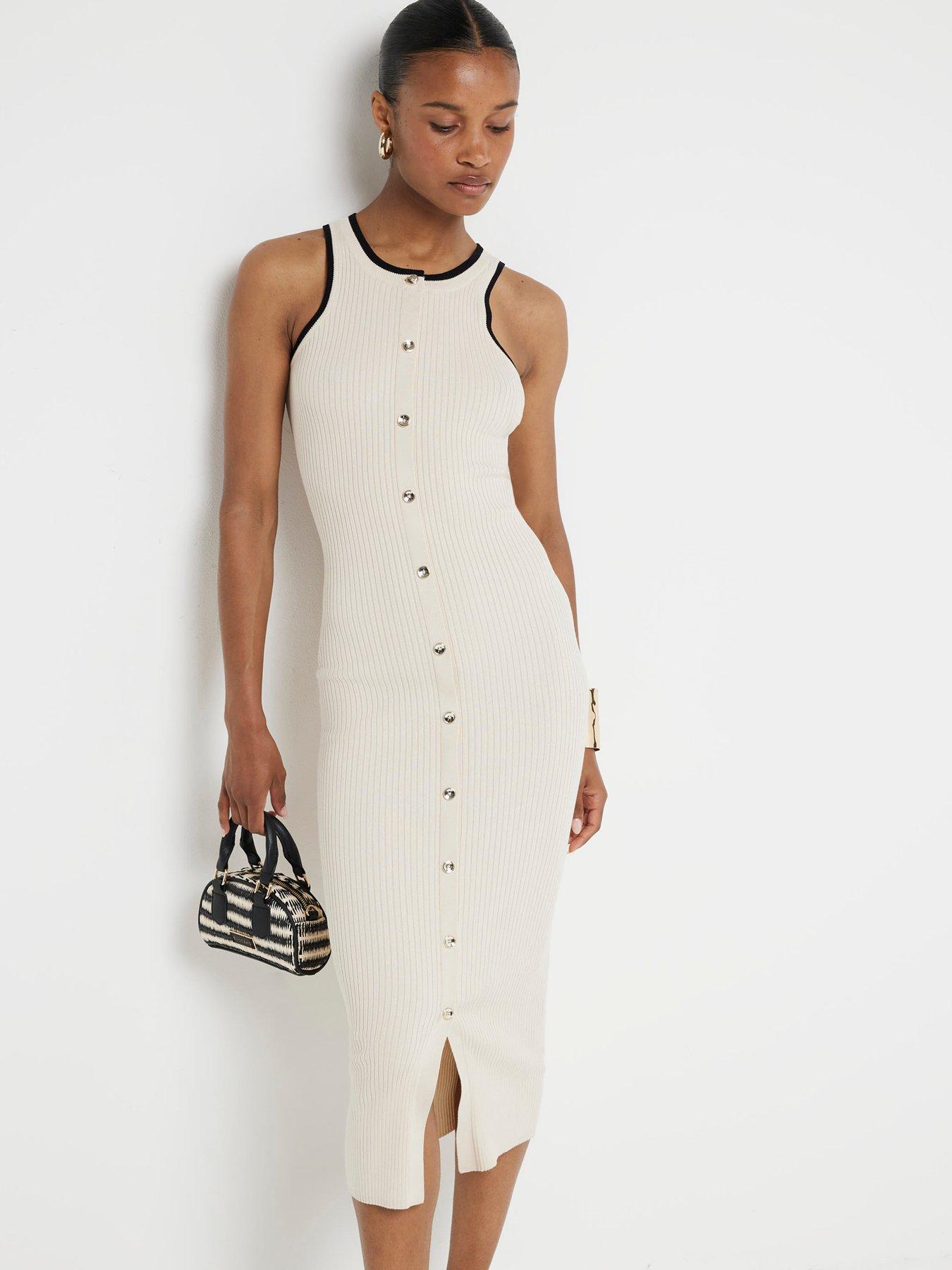 Image 2 of 5 of River Island Ribbed Taped Bodycon Midi Dress - Cream