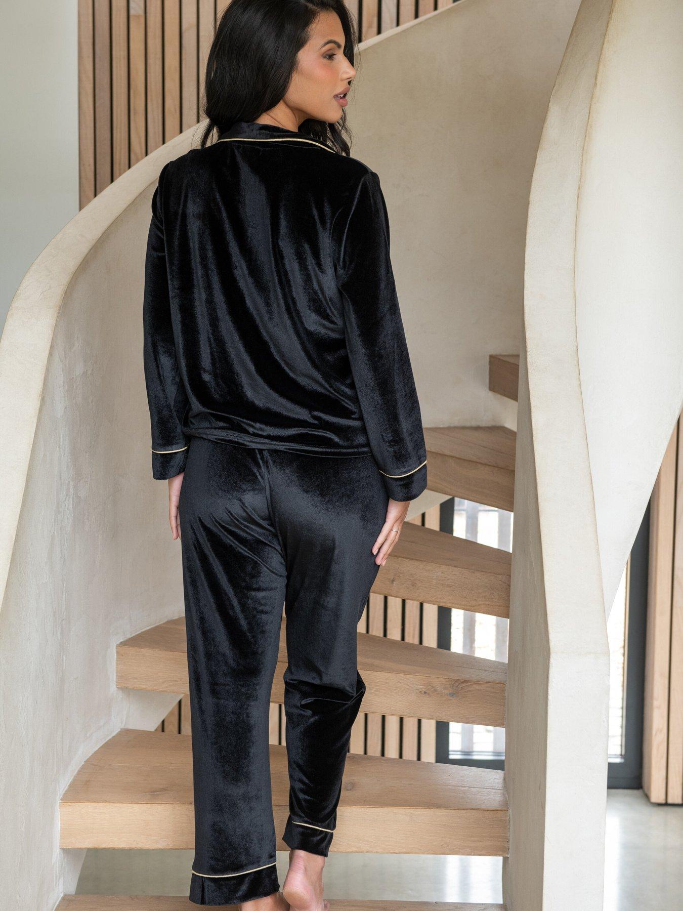 Image 2 of 4 of Pour Moi Velour Contrast Trim Pyjama Set - Black