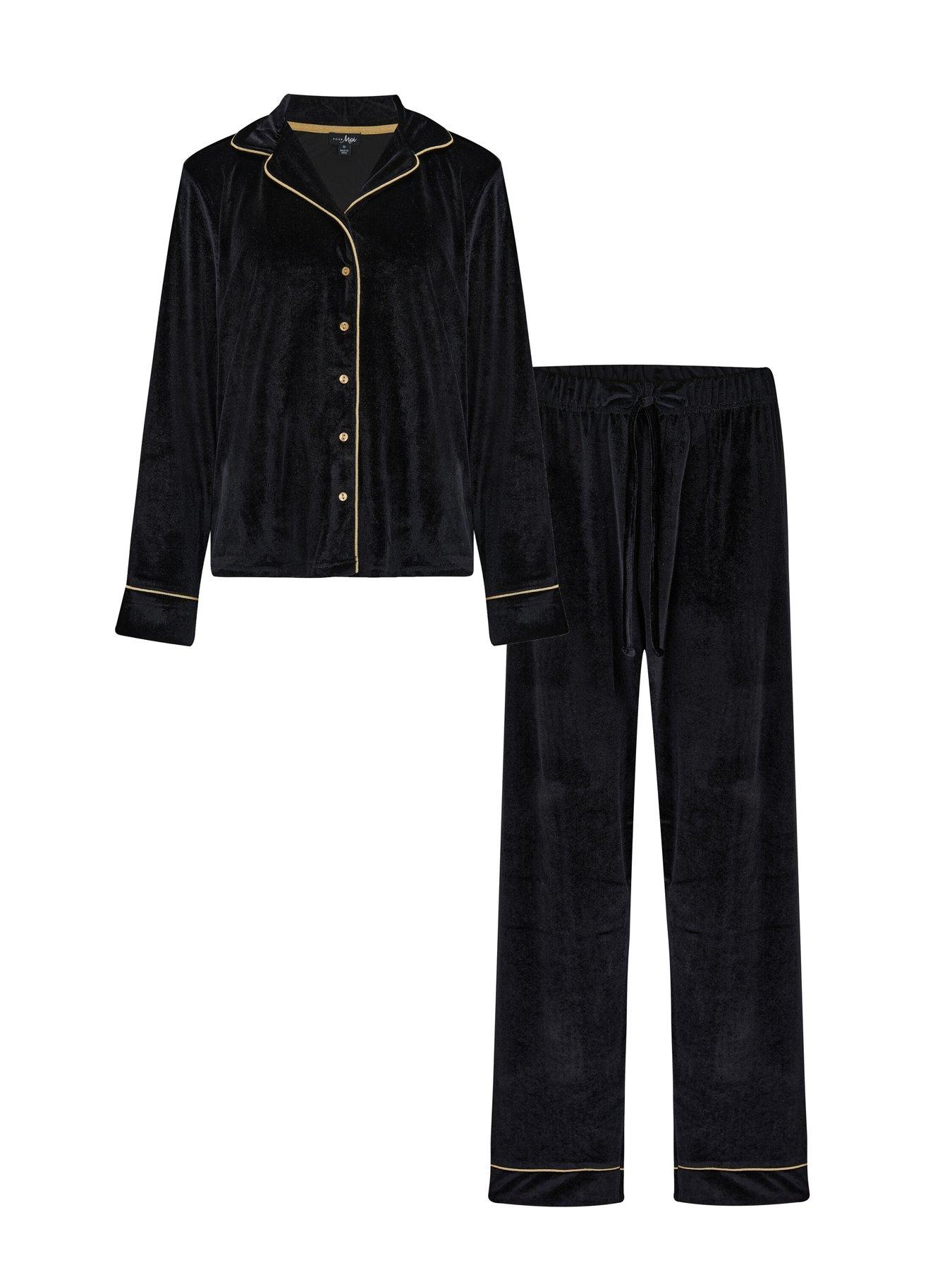 Image 4 of 4 of Pour Moi Velour Contrast Trim Pyjama Set - Black