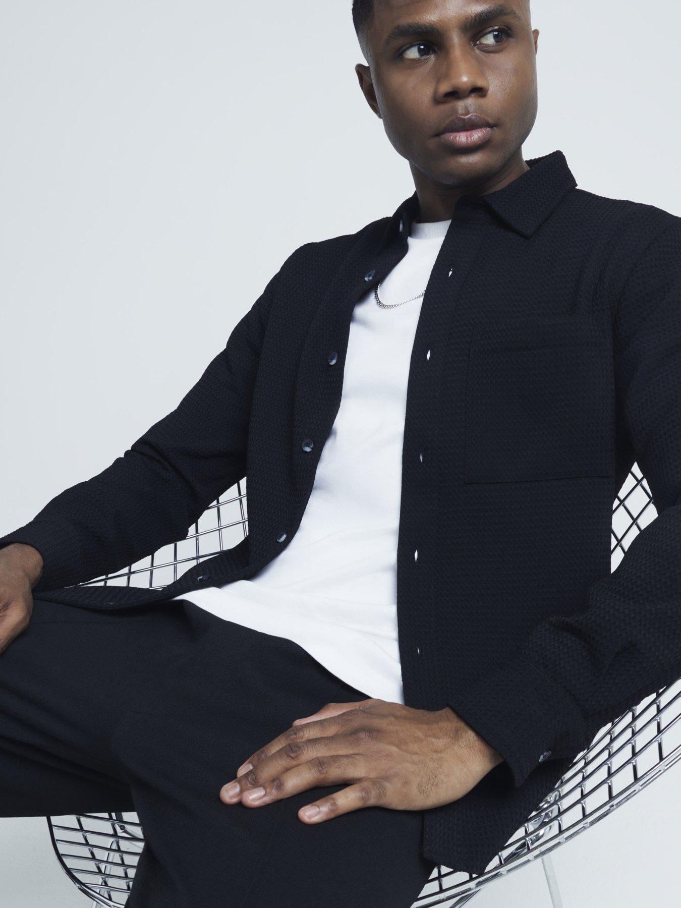 River Island Slim Fit Waffle Textured Shirt - Black
