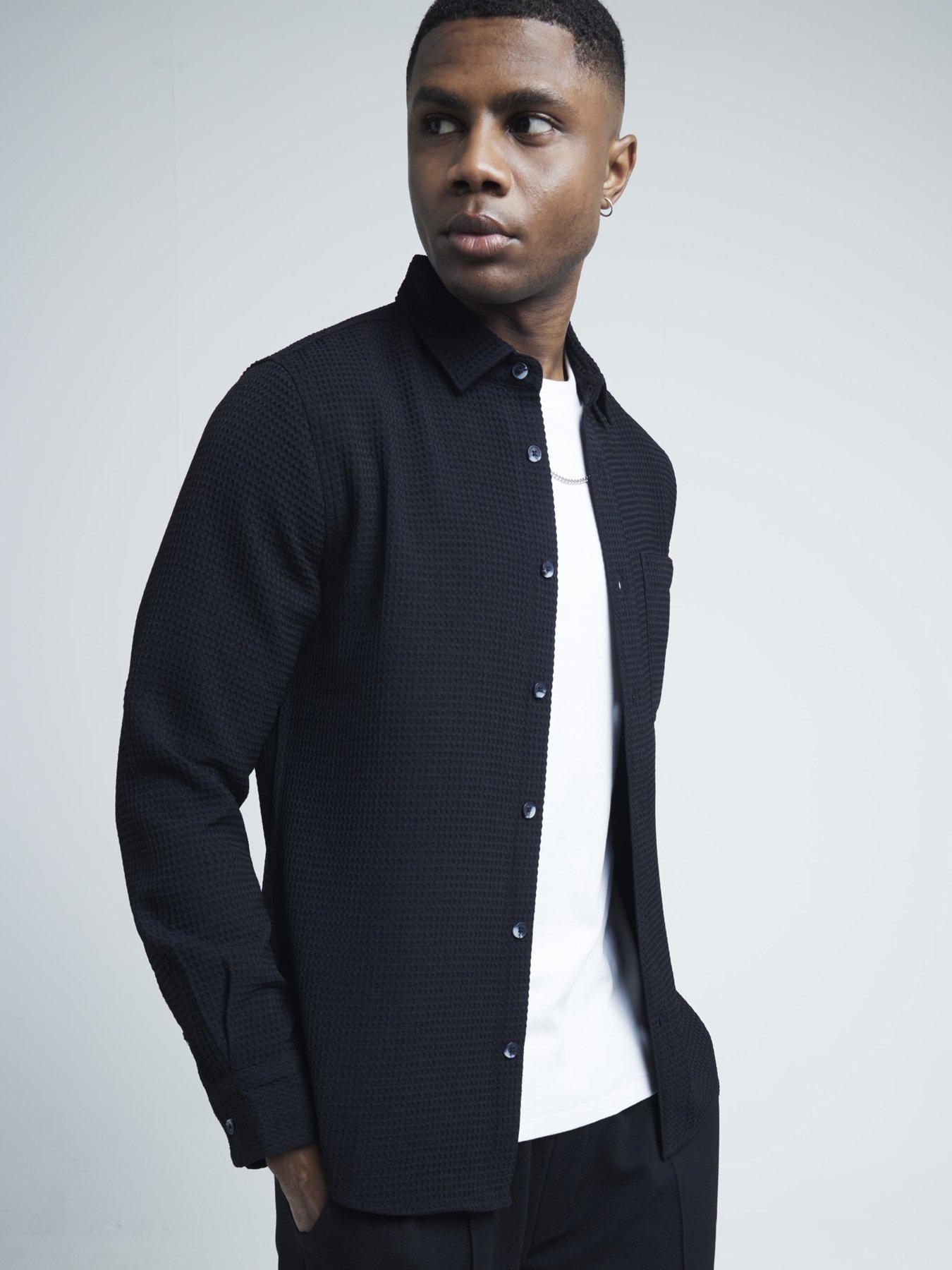 Image 4 of 5 of River Island Slim Fit Waffle Textured Shirt - Black
