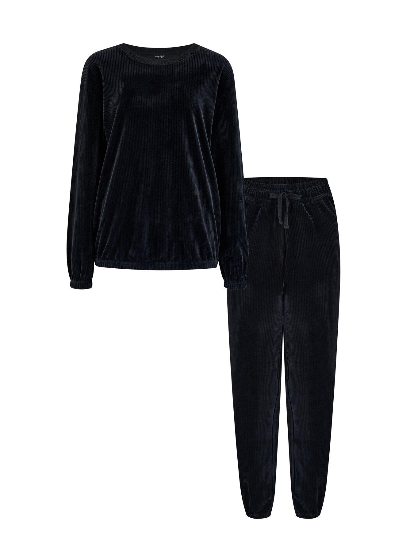 Image 4 of 4 of Pour Moi Ribbed Cosy Fleece Lounge Pyjama Set - Black
