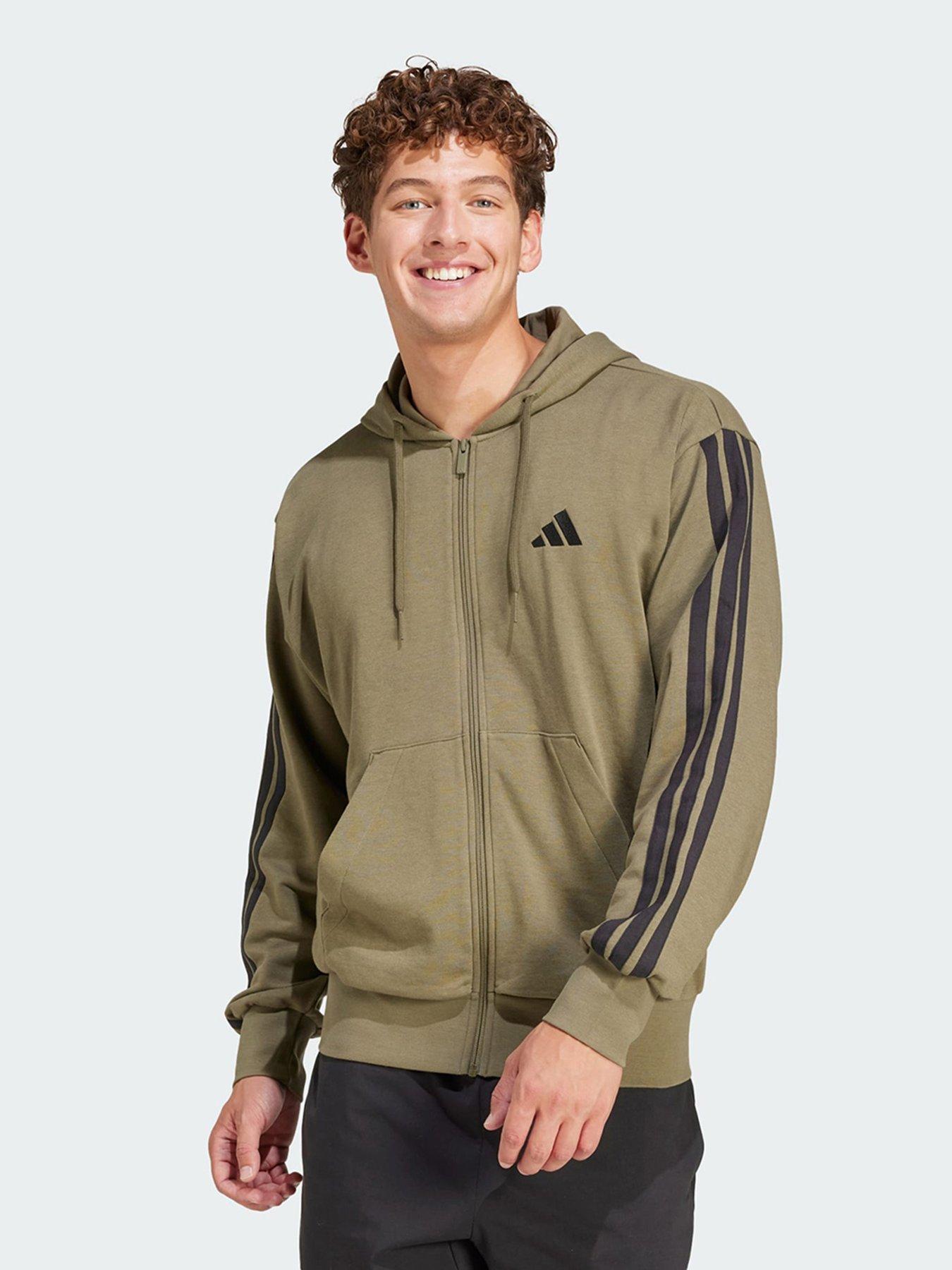 adidas Essentials 3-Stripes French Terry Full-Zip Hoodie Olive