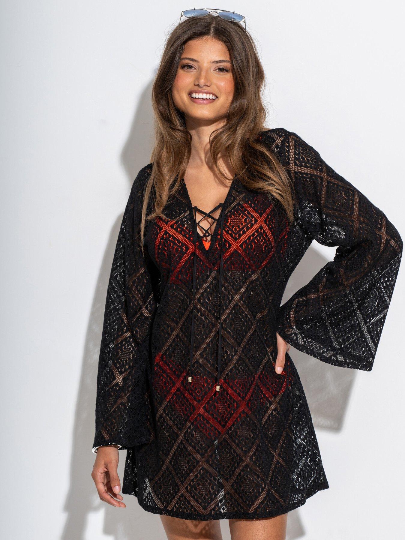 undefined Crochet Lace Long Sleeve Beach Cover Up