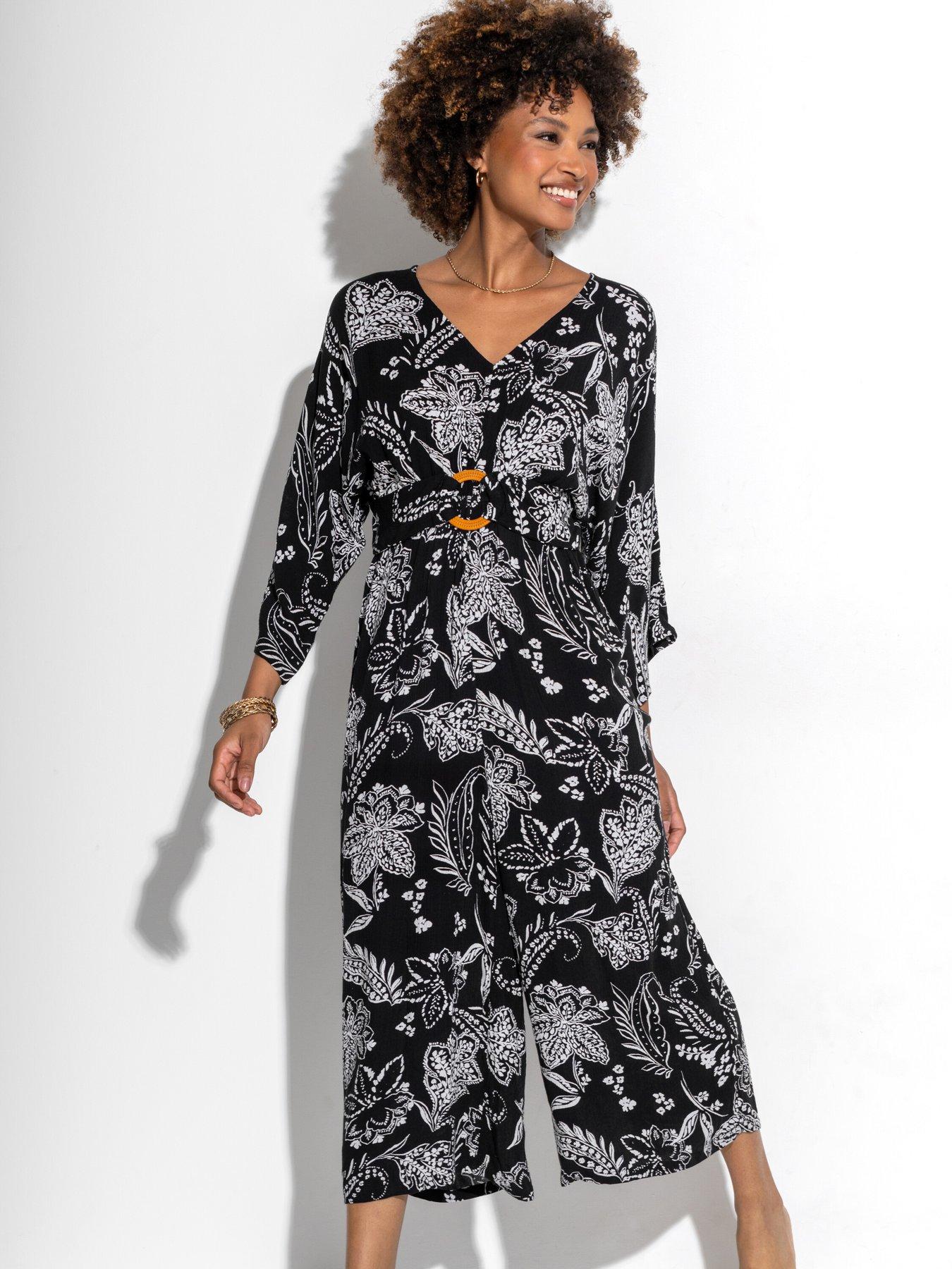 undefined Crinkle O-Ring Woven Beach Jumpsuit - Black/White