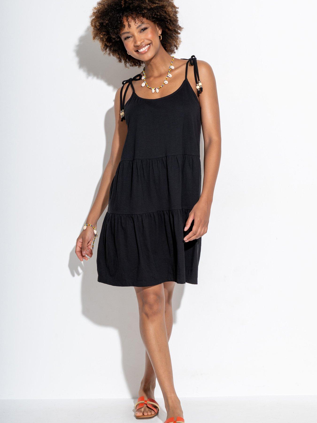 undefined Tie Shoulder Tiered Cotton Slub Jersey Short Dress
