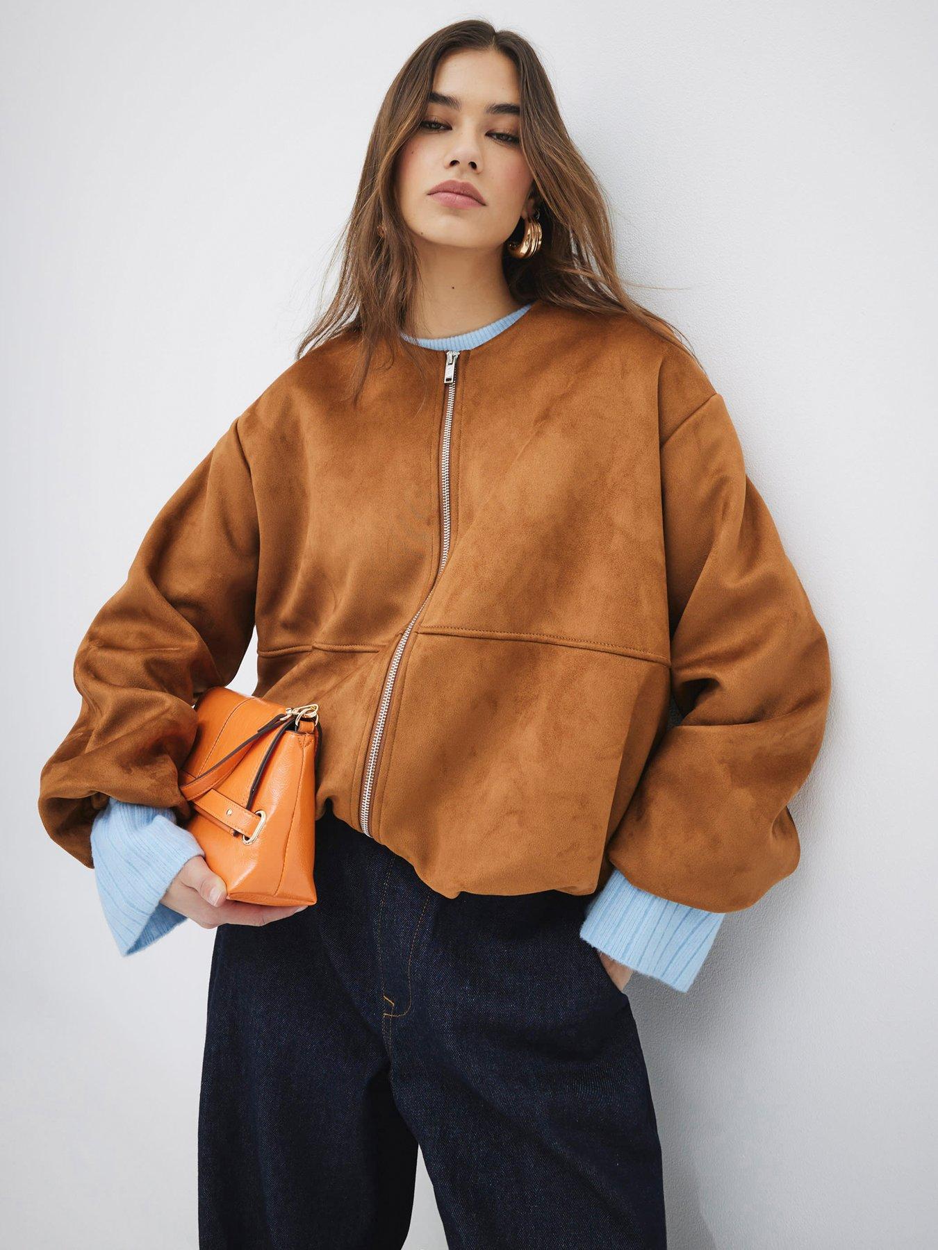 Image 1 of 6 of River Island Suedette Bubble Hem Bomber Jacket - Brown