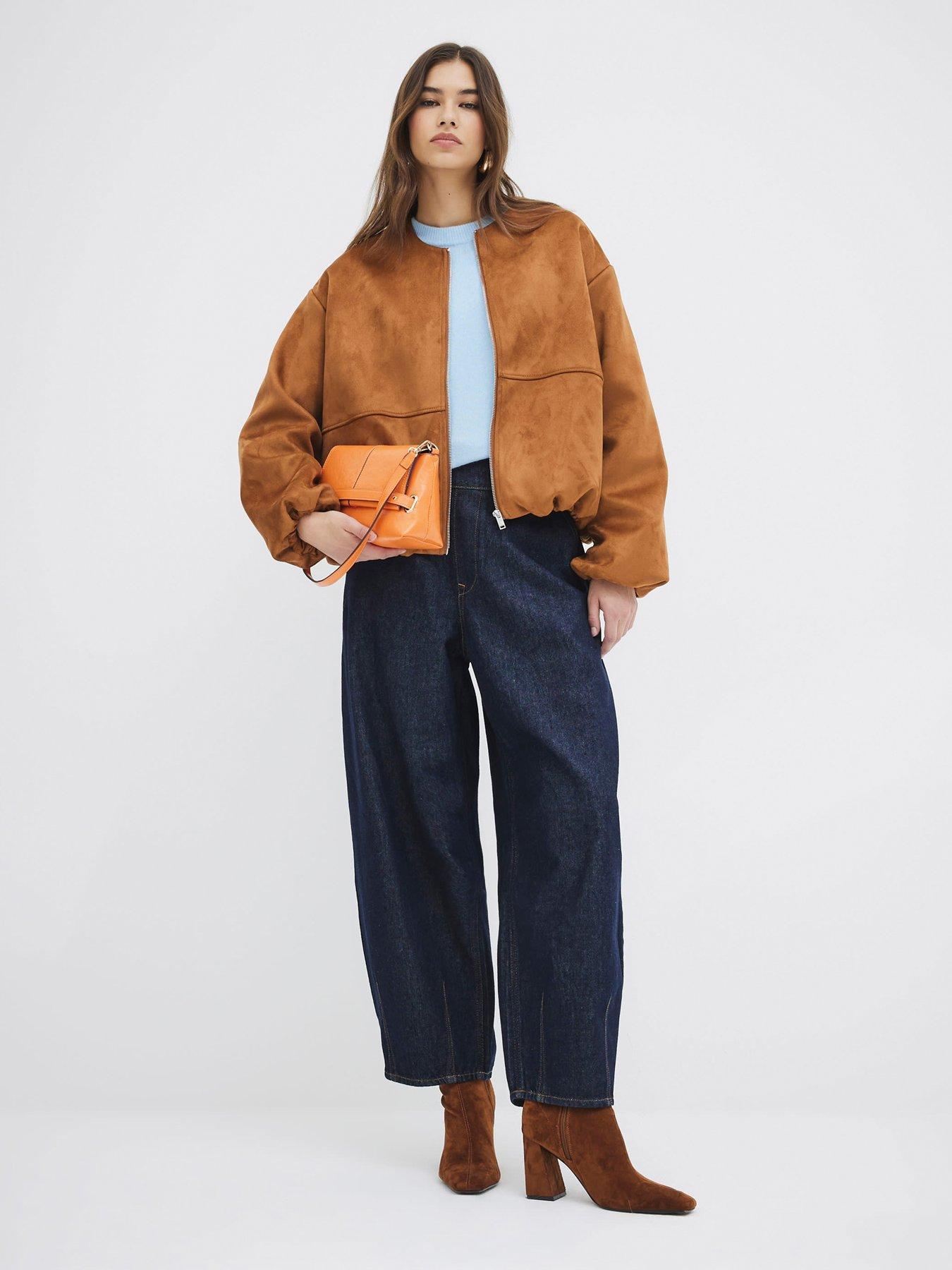 Image 3 of 6 of River Island Suedette Bubble Hem Bomber Jacket - Brown