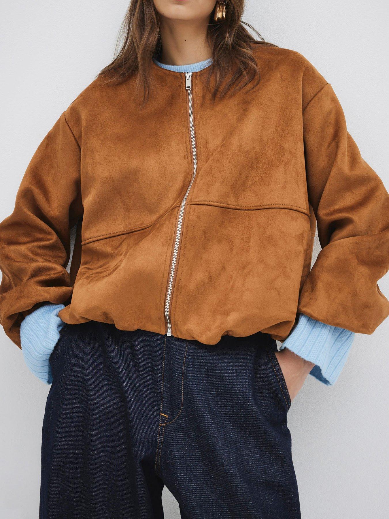 Image 6 of 6 of River Island Suedette Bubble Hem Bomber Jacket - Brown