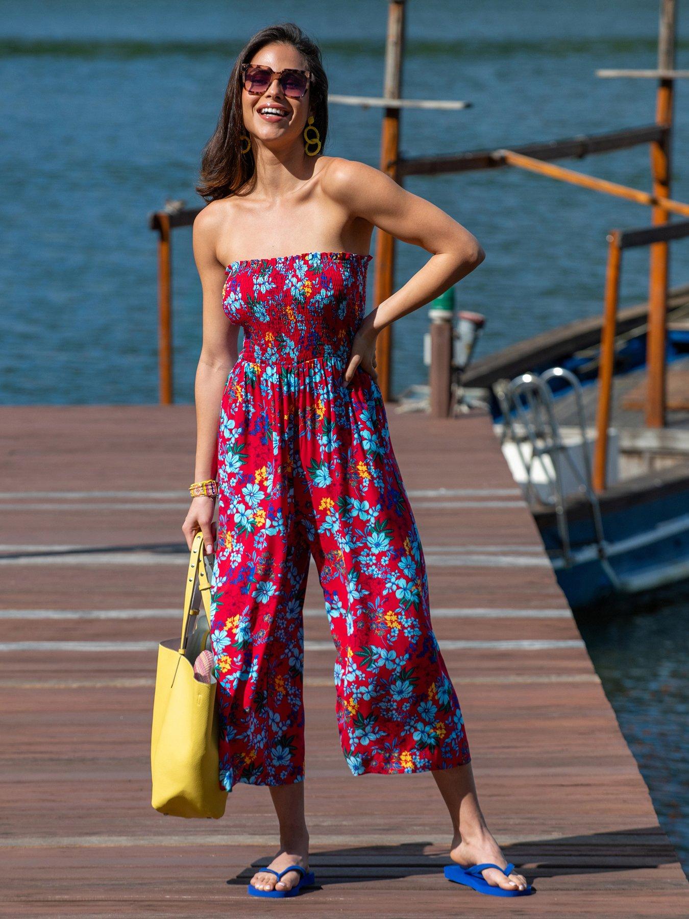 undefined Strapless Shirred Bodice Crop Leg Beach Jumpsuit
