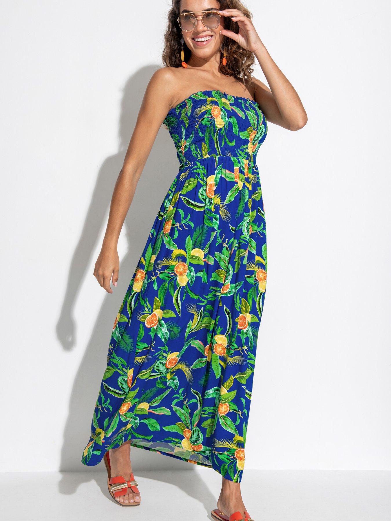 Image 1 of 4 of Pour Moi Strapless Shirred Bodice Maxi Beach Dress - Print