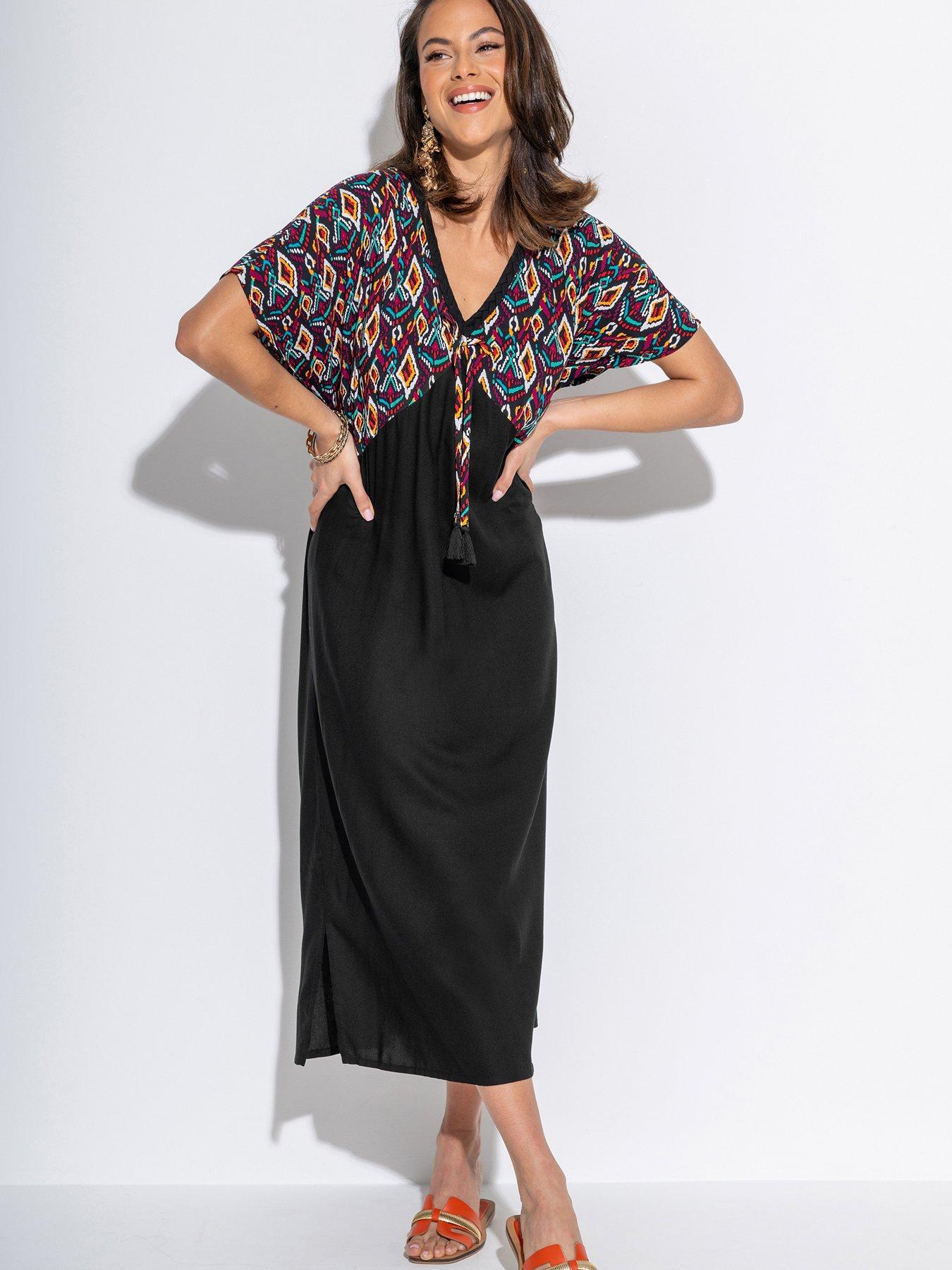 undefined V Neck Print Mix Midaxi Kaftan with LENZING? ECOVERO? Viscose