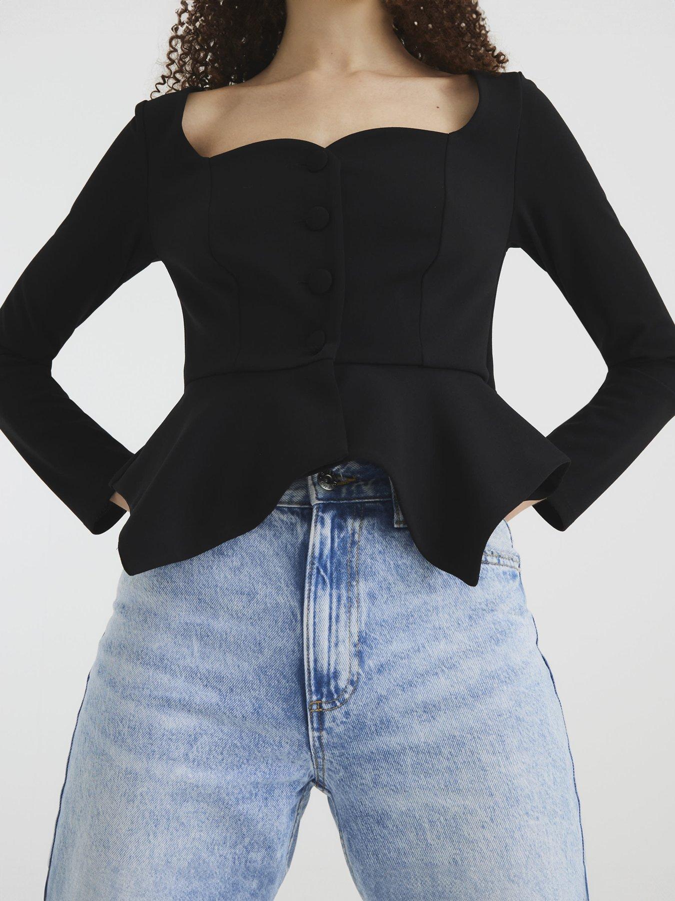 Image 2 of 4 of River Island Long Sleeve Peplum Sweetheart Jacket - Black