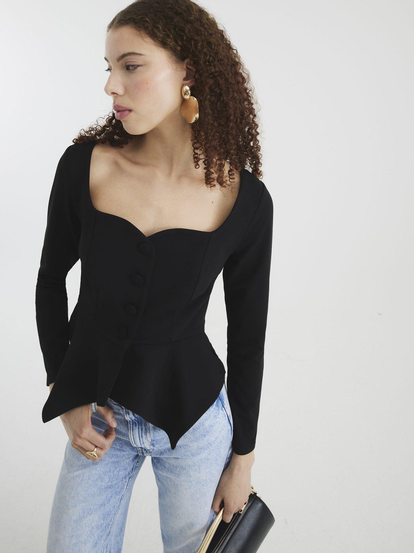 Image 3 of 4 of River Island Long Sleeve Peplum Sweetheart Jacket - Black