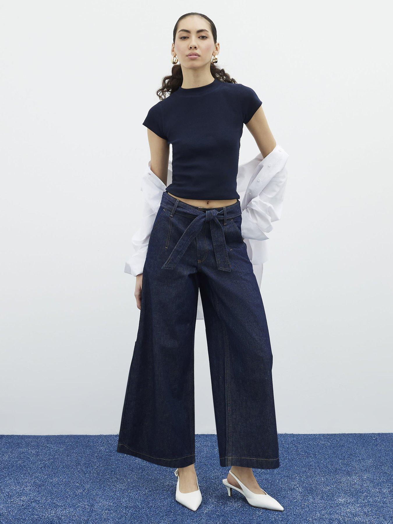 undefined Denim Belted Wide Leg Cropped Jeans