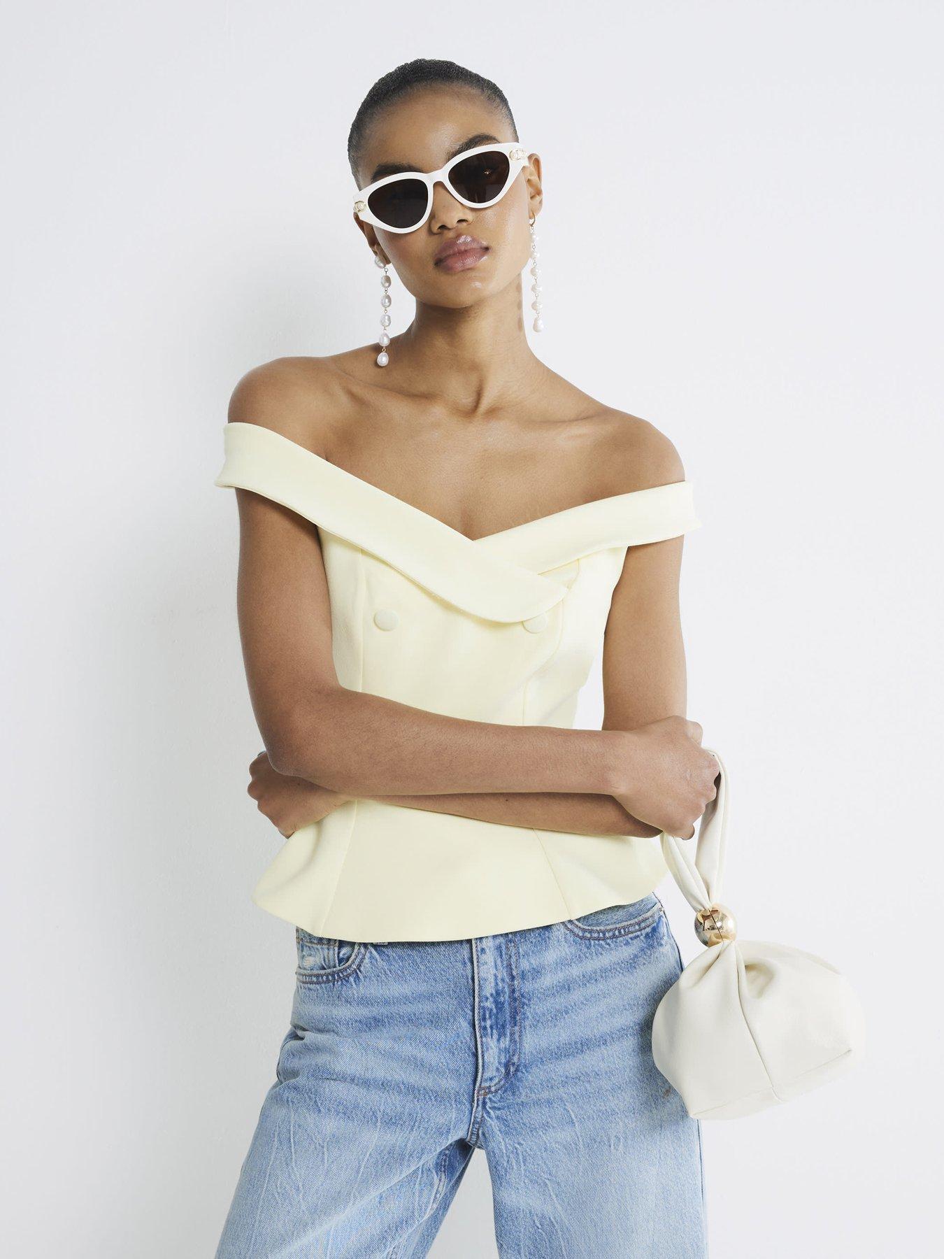 undefined Sleeveless Double Breasted Bardot Top