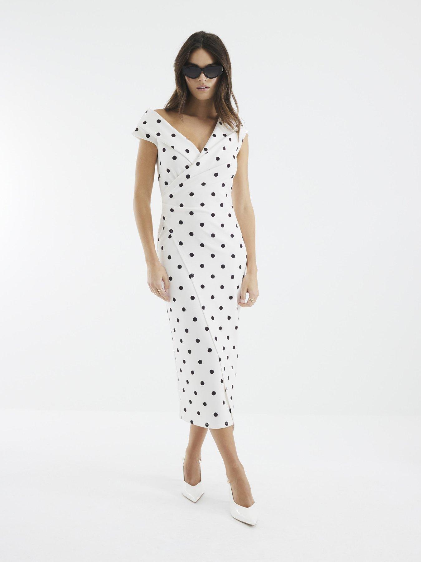 Image 1 of 4 of River Island Asymmetric Polka Dot Wrap Midi Dress