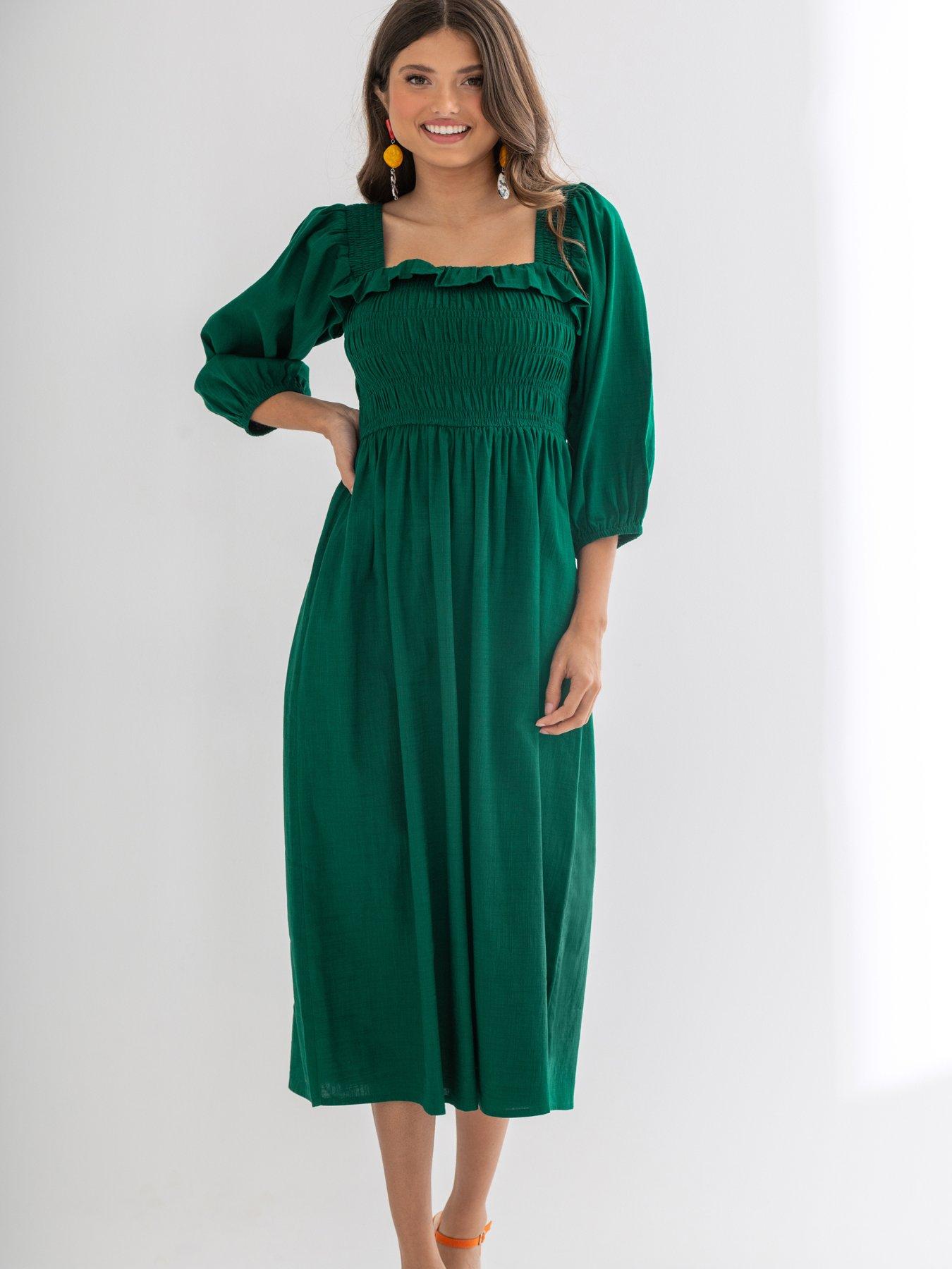  image of pour-moi-textured-woven-frill-detail-midi-dress