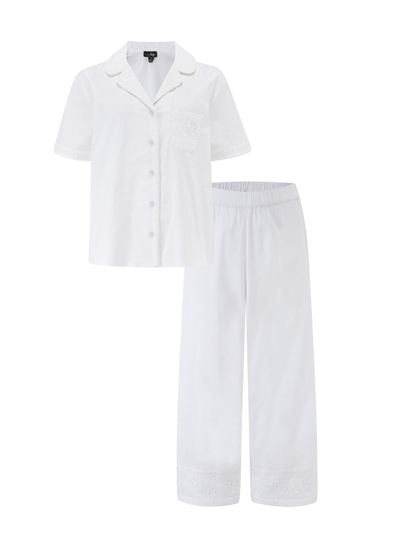 Image 4 of 4 of Pour Moi Stretch Cotton Broderie Trim Short Sleeve Revere Pyjama Set