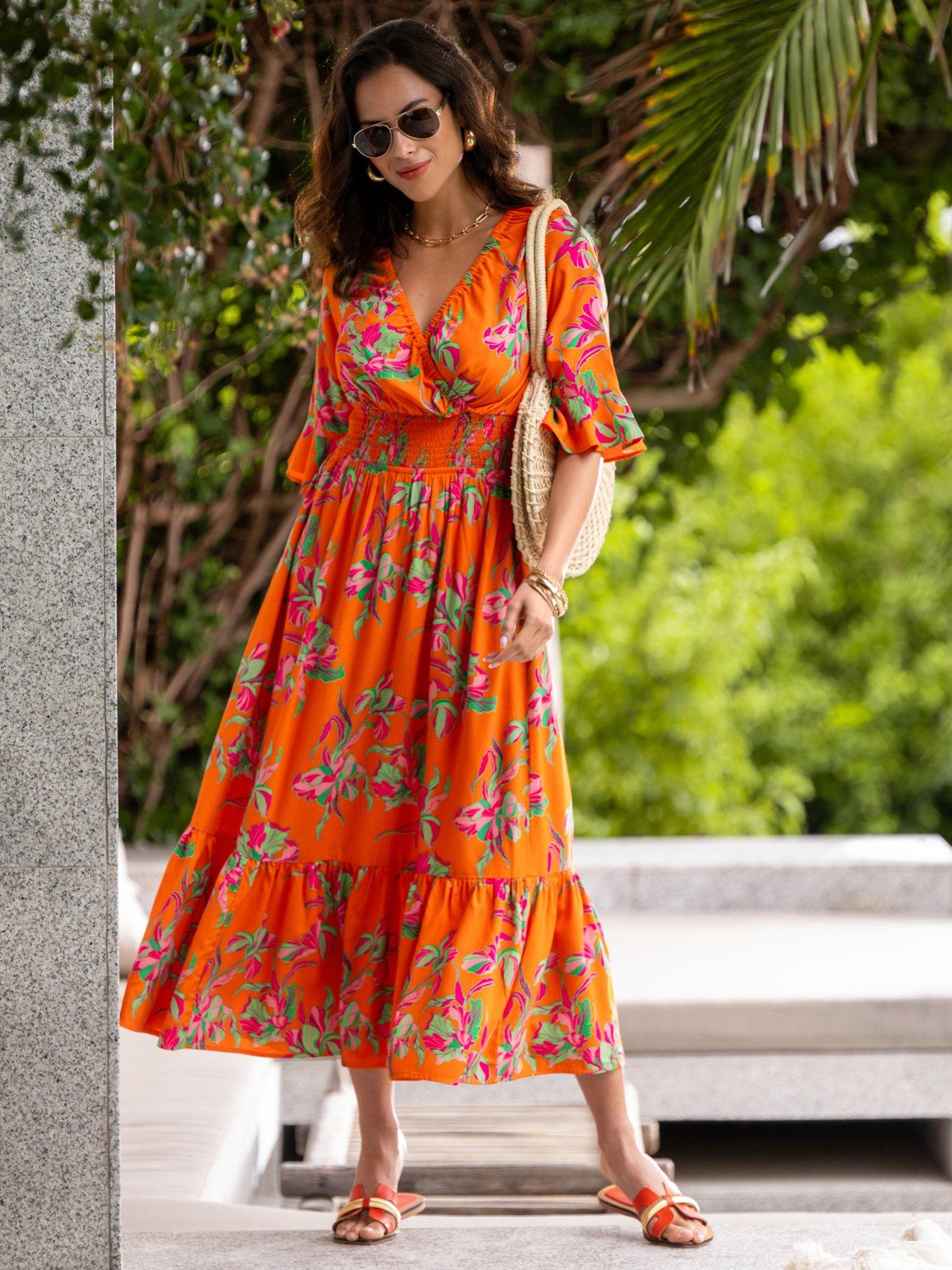 undefined Carmen Fuller Bust Elasticated Neckline Woven Midaxi Dress