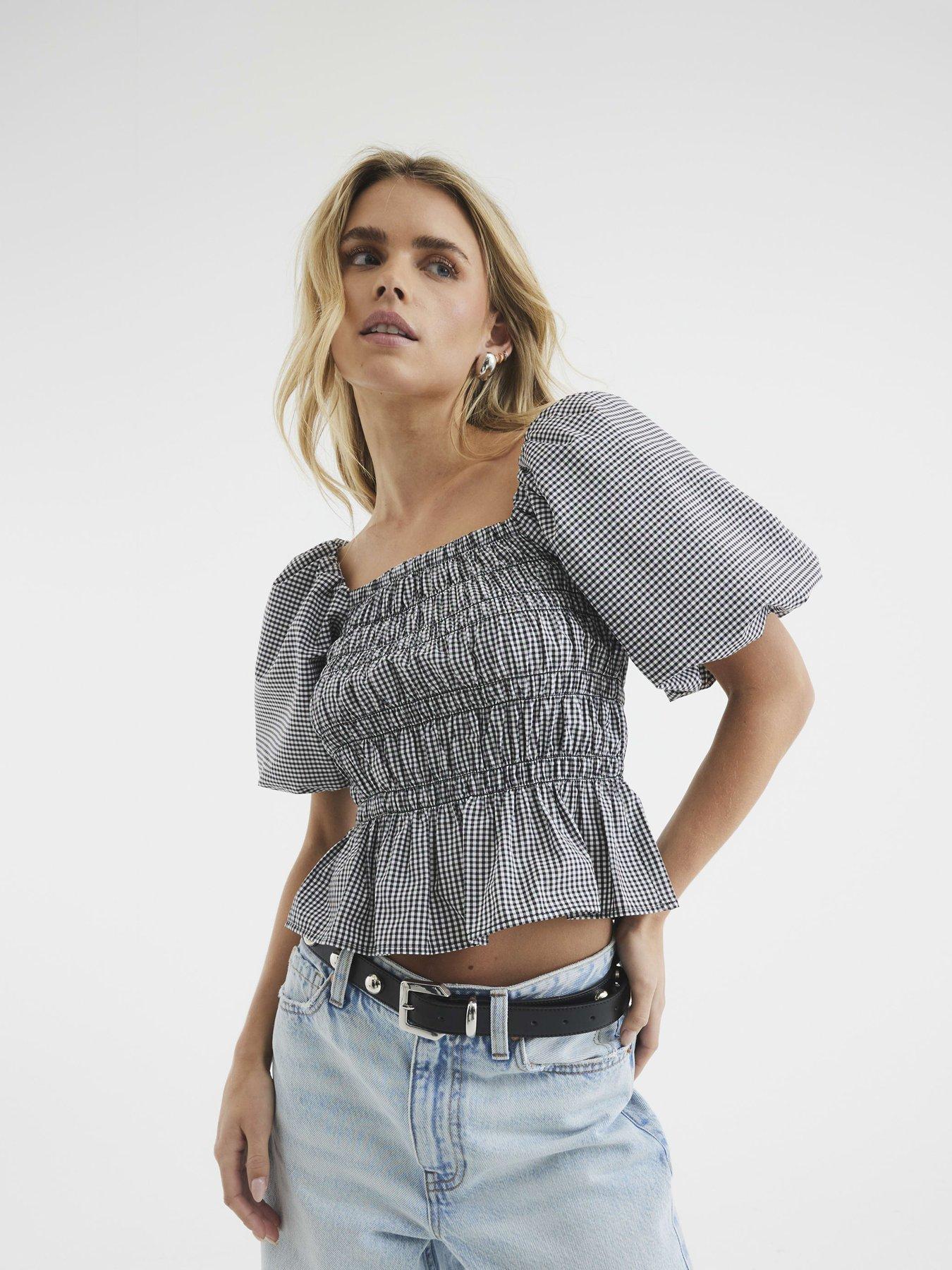 undefined Petite Puff Sleeve Gingham Shirred Top