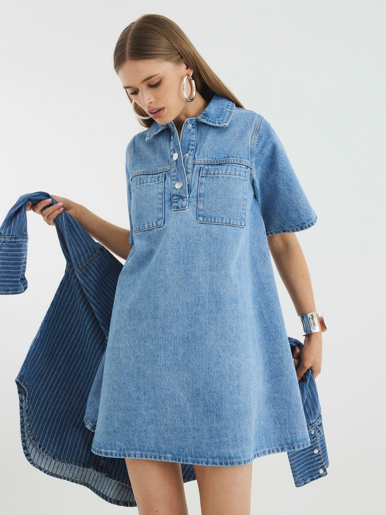 undefined Short Sleeve Denim Collared Shirt Dress