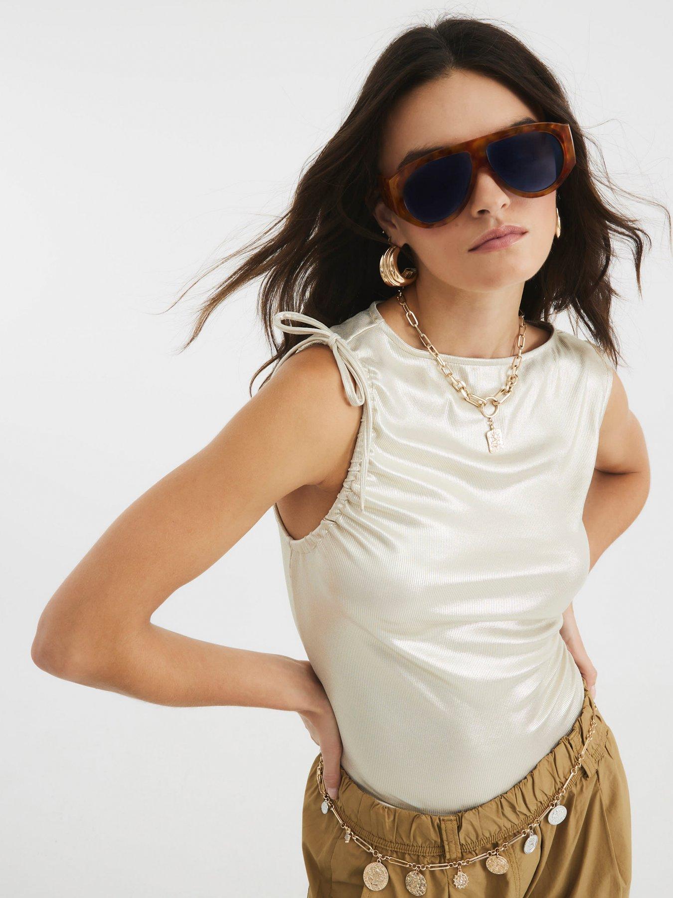 undefined Sleeveless Coated Ribbed Drape Top